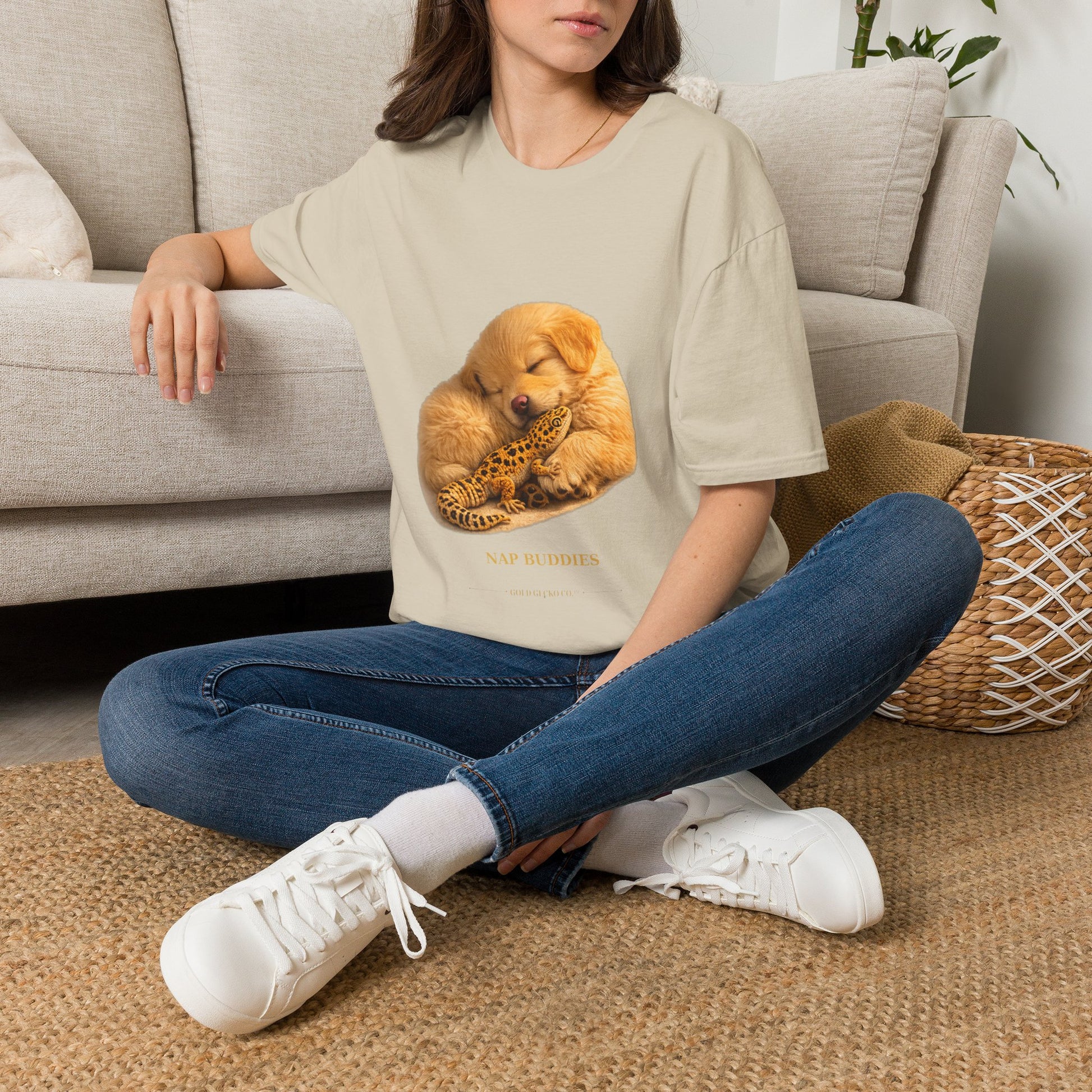 Golden Retriever — Nap Buddies — cinematic photoreal portraits of beloved dog breeds paired w. Gold Gecko Co. Puppies & Geckos collection.