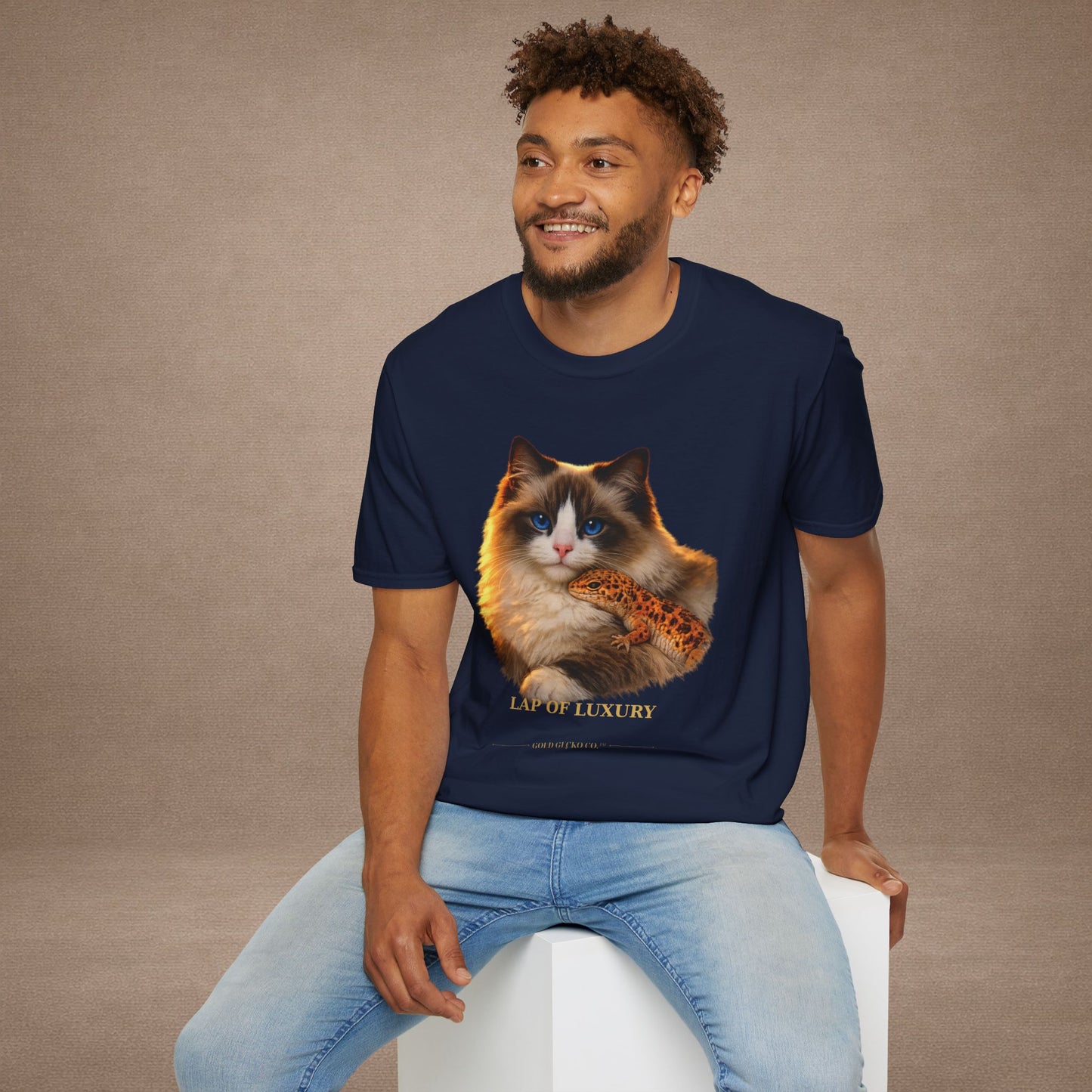 Ragdoll — Lap Of Luxury — photoreal cat breed portraits paired with tiny gecko compani. Gold Gecko Co. Cats & Geckos collection.