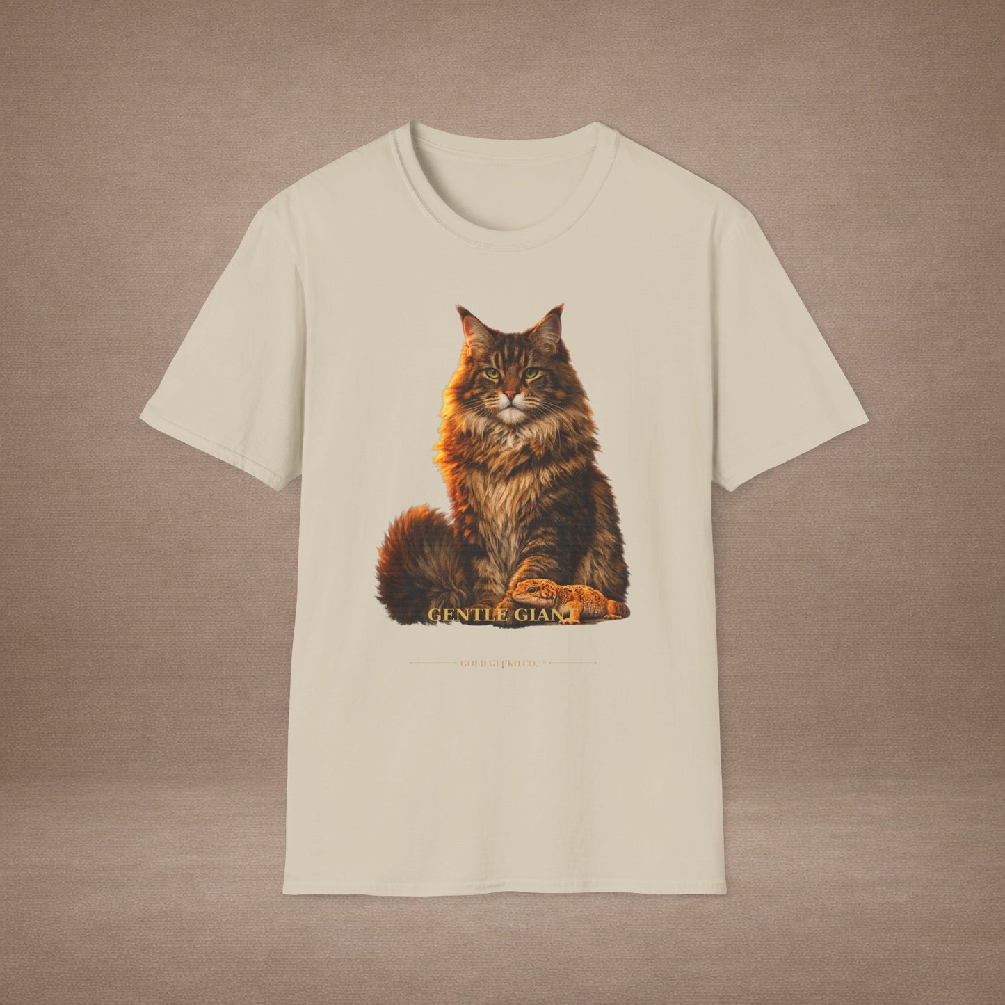 Maine Coon — Gentle Giant — photoreal cat breed portraits paired with tiny gecko compani. Gold Gecko Co. Cats & Geckos collection.
