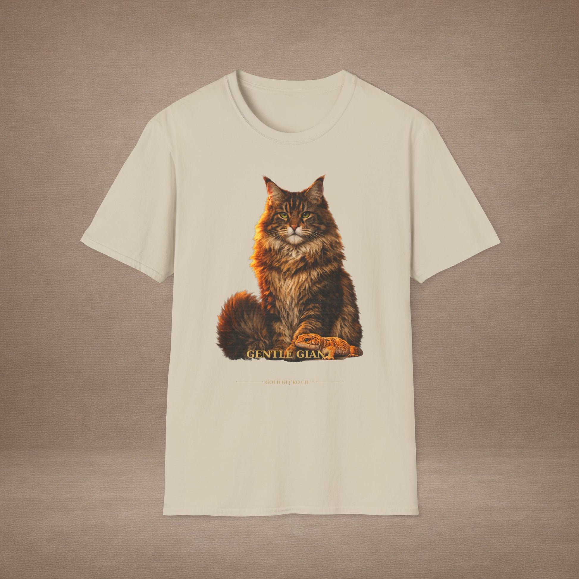 Maine Coon — Gentle Giant — photoreal cat breed portraits paired with tiny gecko compani. Gold Gecko Co. Cats & Geckos collection.