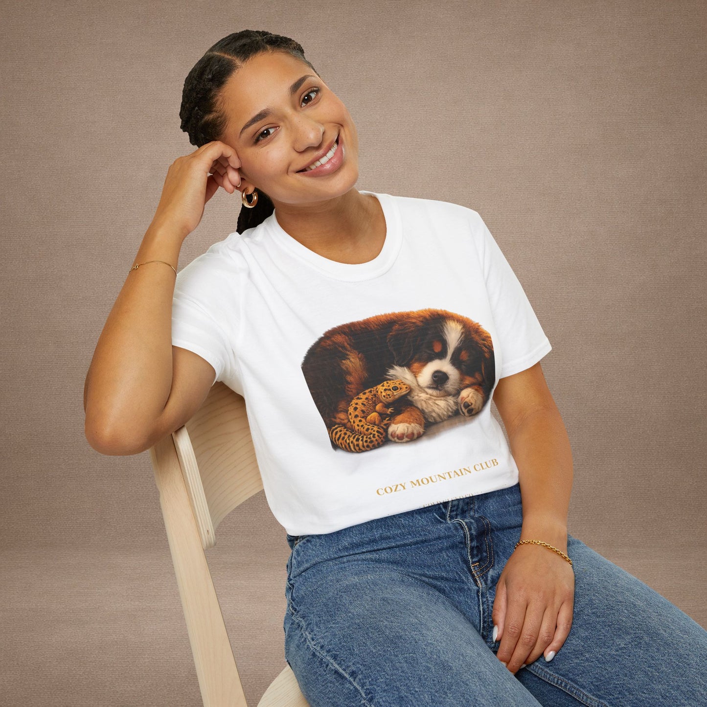 Bernese Mountain Dog — Cozy Mountain Club — cinematic photoreal portraits of beloved dog breeds paired w. Gold Gecko Co. Puppies & Geckos collection.