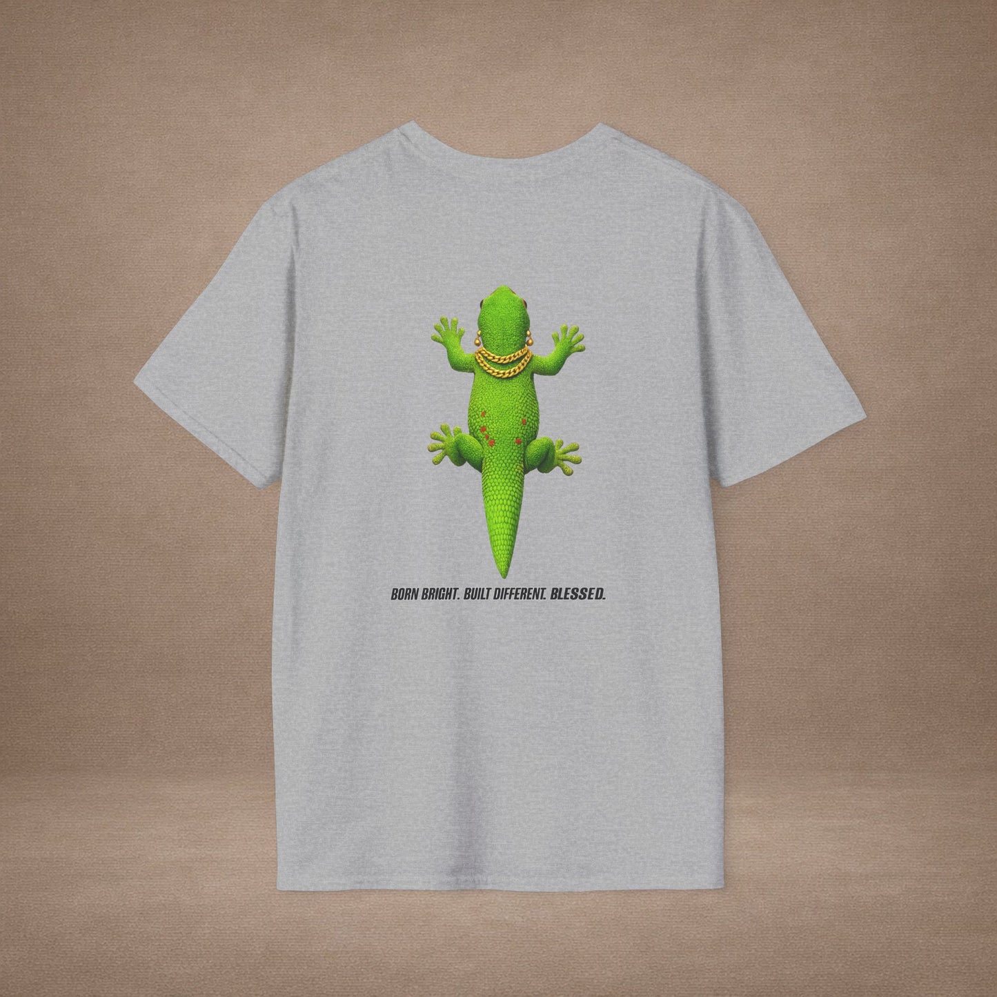 DESIGN #2-1 Royalty Clings Differently — Day Gecko Tee - (Black Letters)