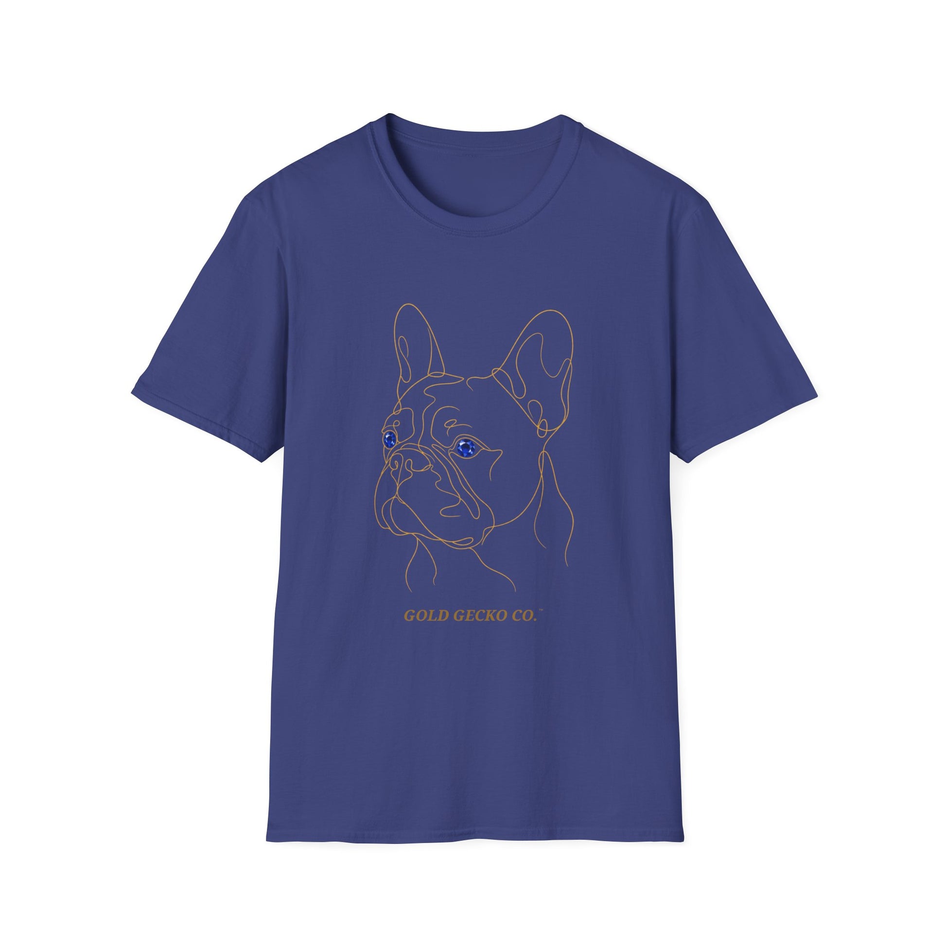 Sapphire French Bulldog single-line art with sapphire blue gem eye — Gold Gecko Co. Line & Gold collection (Dark)