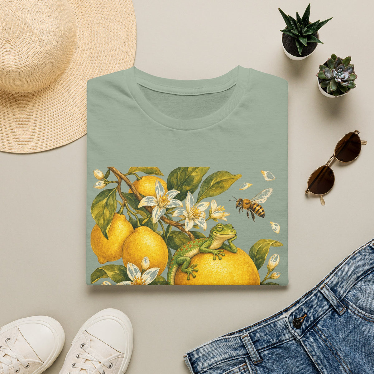 Citrus Grove Gecko cottagecore watercolor T-shirt from Gold Gecko Co. — gecko in a sunlit Mediterranean citrus grove of lemons and oranges.