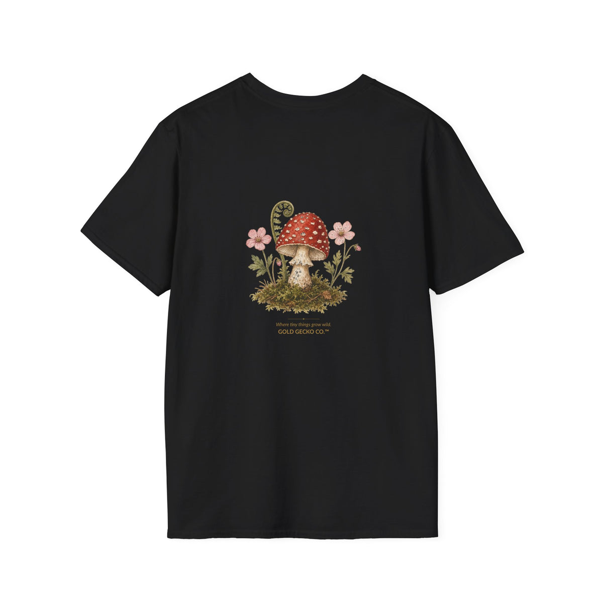 Mushroom Village cottagecore watercolor T-shirt from Gold Gecko Co. — gecko exploring a whimsical toadstool village in the woods.