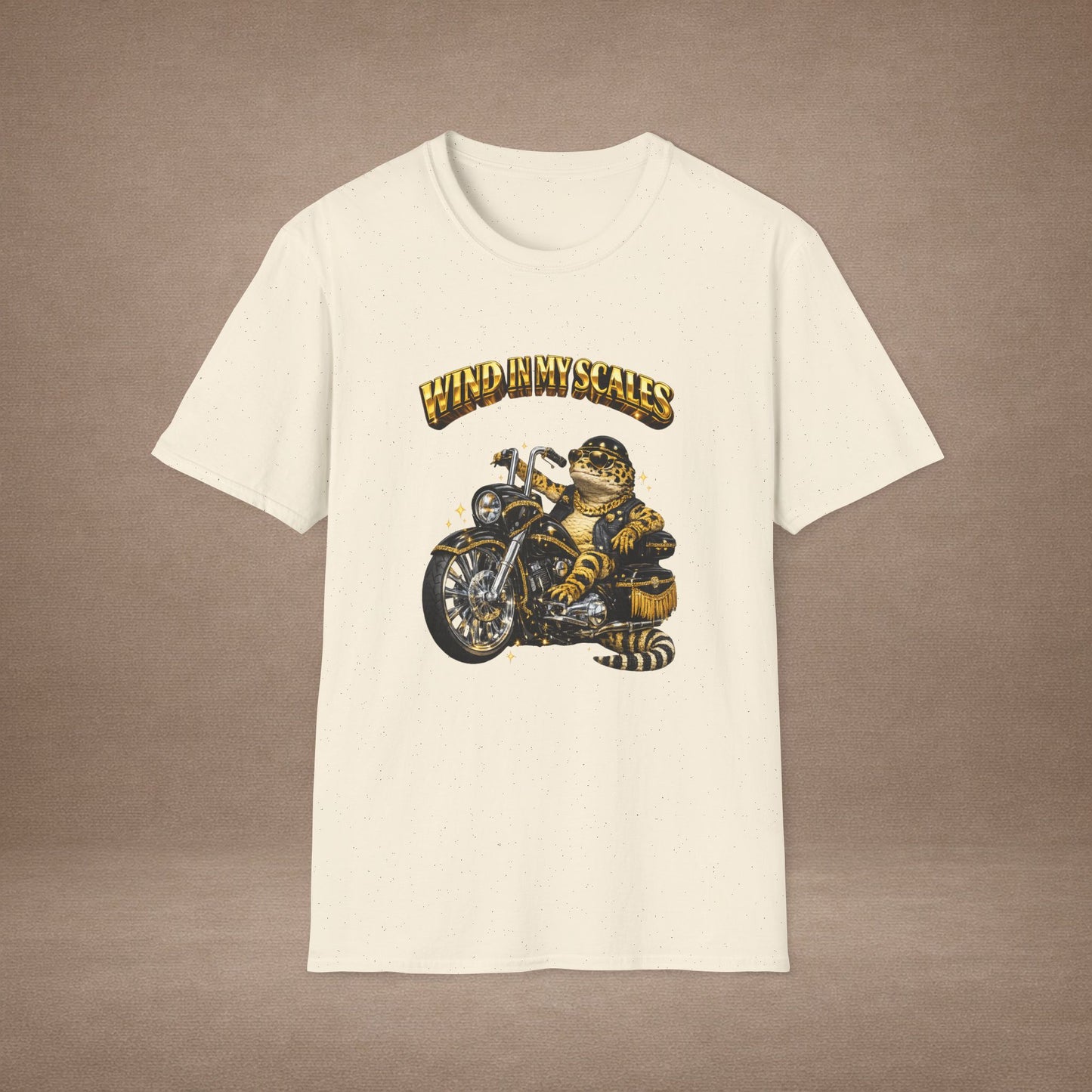 DESIGN #38 Wind in My Scales — Bagger Gecko Tee (Front & Back) Golden Letters
