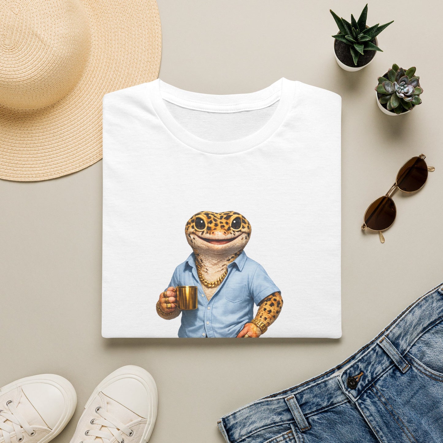 Design #03-2-2 - Coffee Dad (Leopard - Powder Blue Shirt, Gold Mug, Grass)