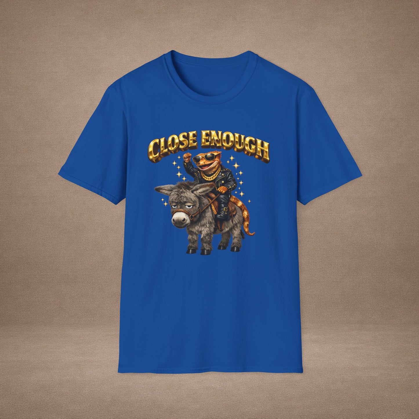 DESIGN #04-1 Close Enough — Donkey Gecko Tee (Front & Back) (Gold Letters)