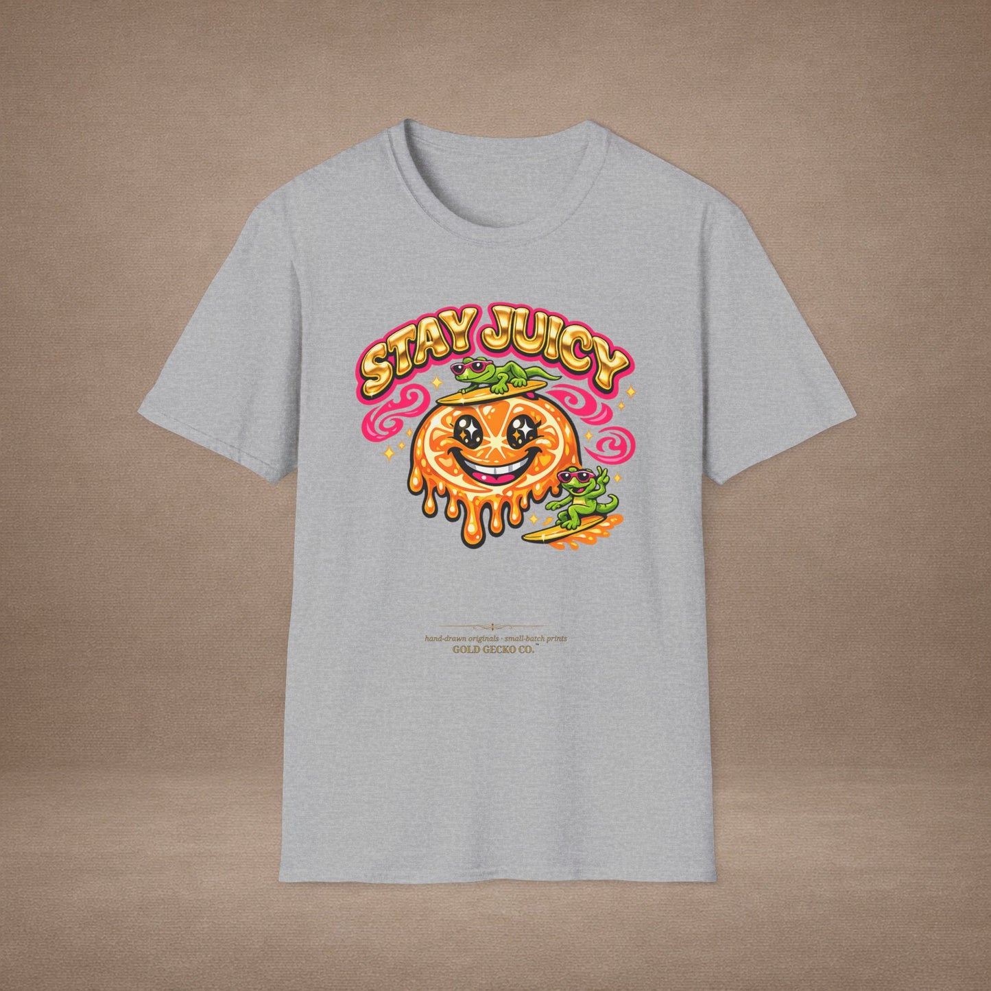 Stay Juicy retro chrome orange & gecko graphic t-shirt — Gold Gecko Co.