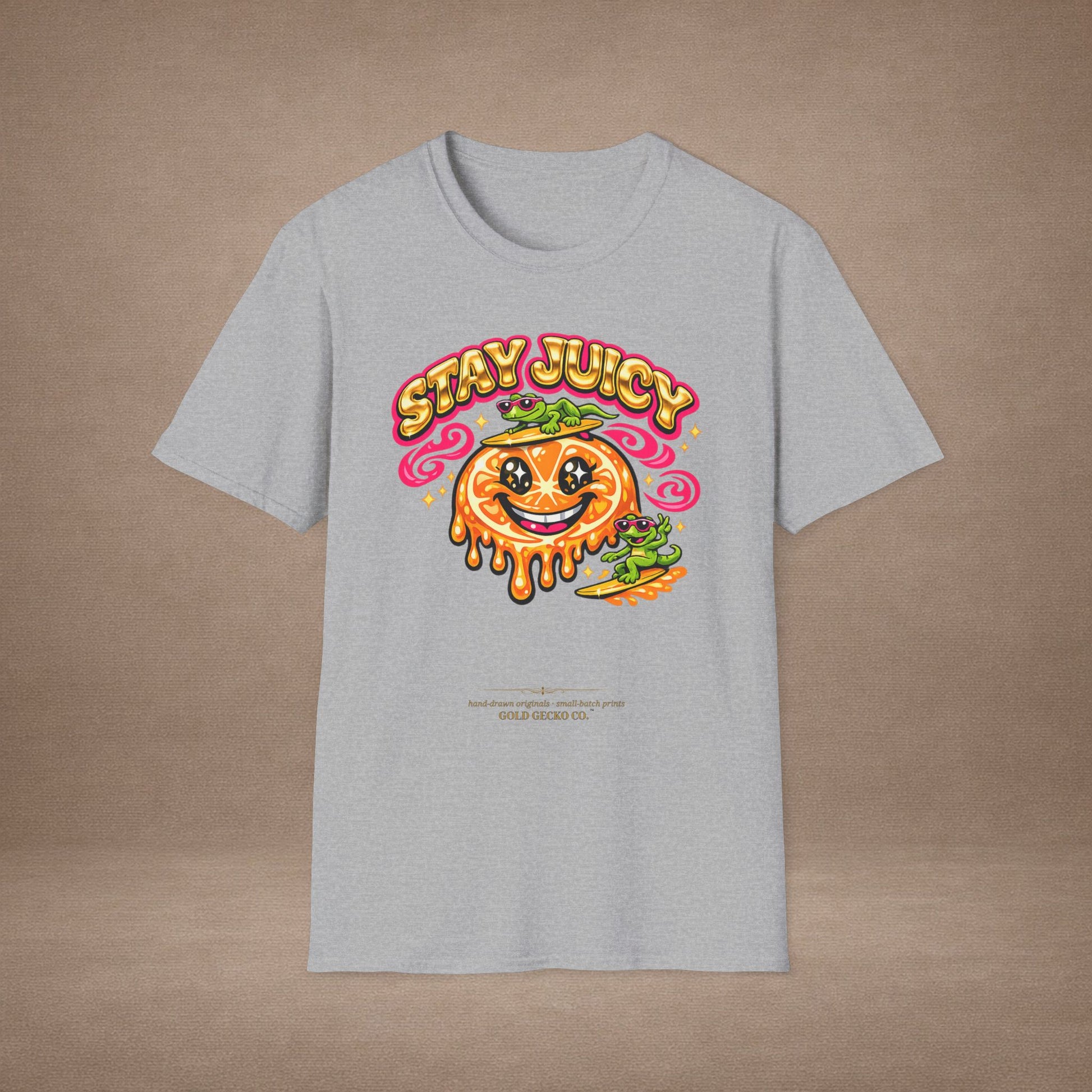 Stay Juicy retro chrome orange & gecko graphic t-shirt — Gold Gecko Co.
