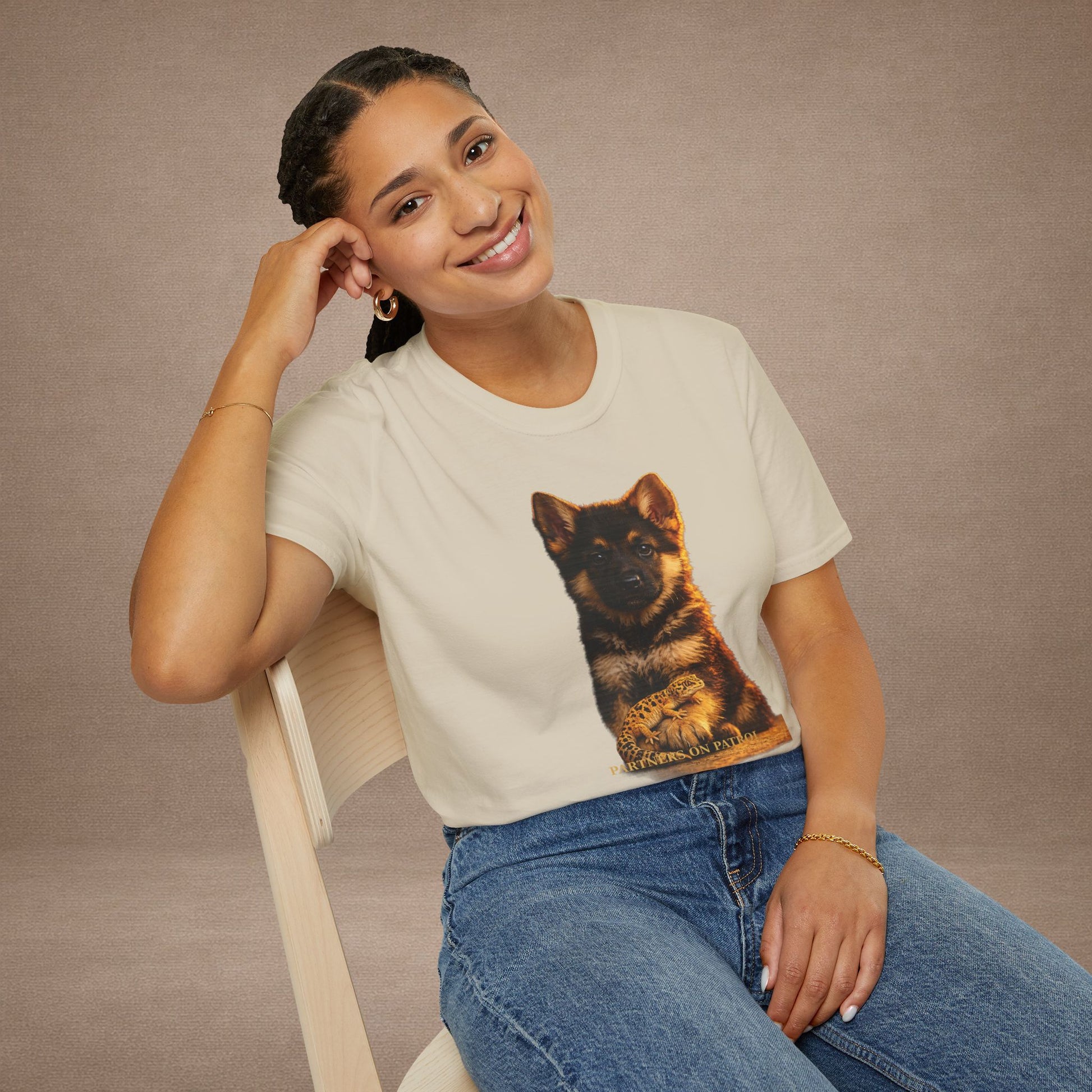 German Shepherd — Partners On Patrol — cinematic photoreal portraits of beloved dog breeds paired w. Gold Gecko Co. Puppies & Geckos collection.