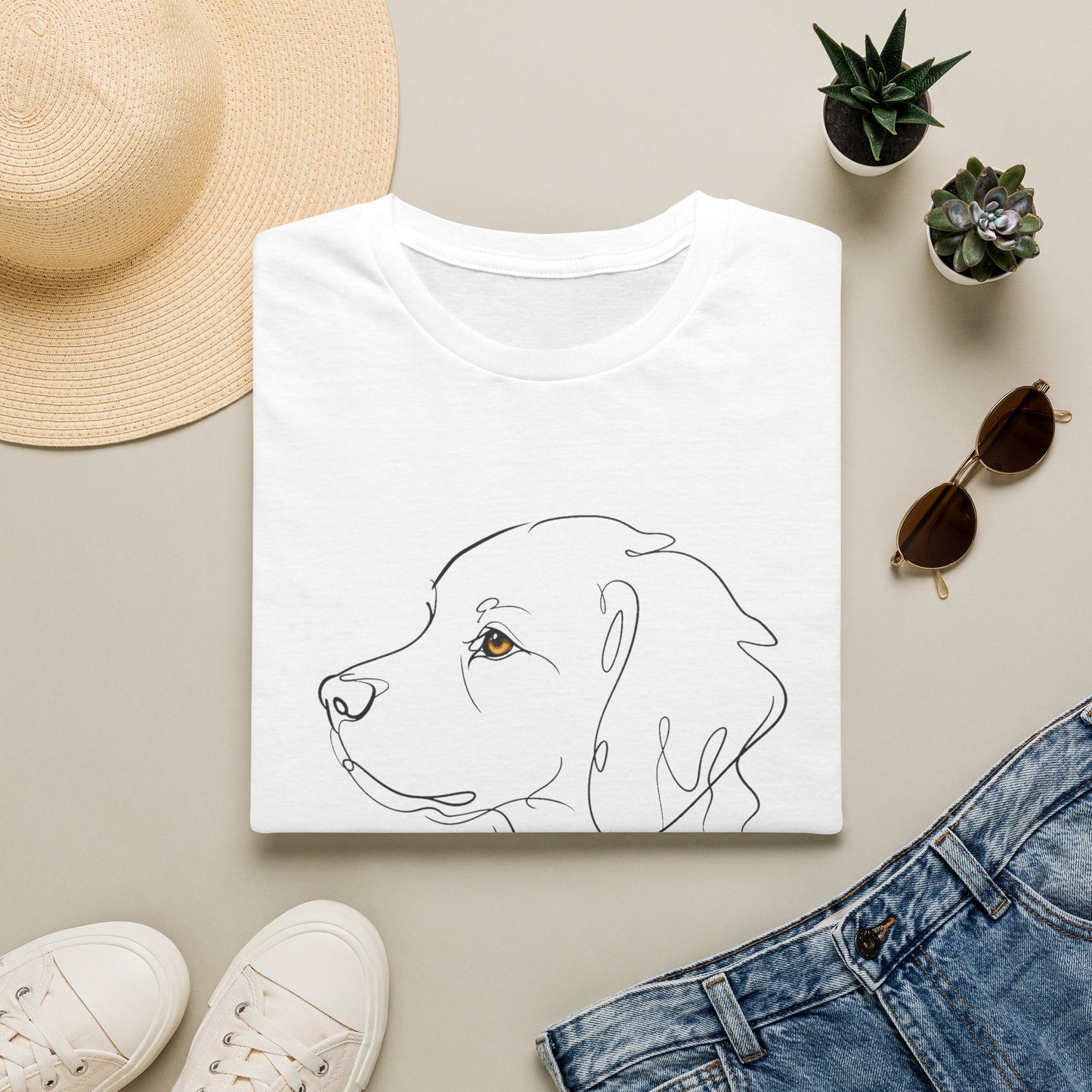 Topaz Golden Retriever single-line art with topaz gold gem eye — Gold Gecko Co. Line & Gold collection (Light)