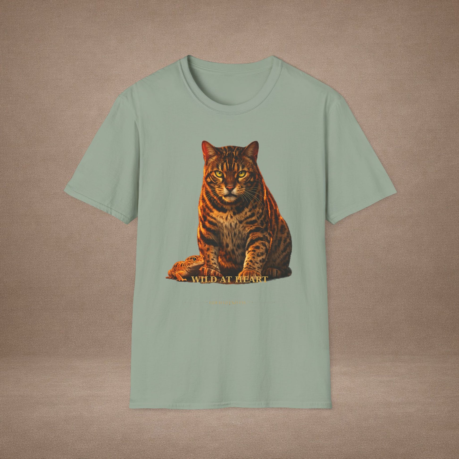 Bengal — Wild At Heart — photoreal cat breed portraits paired with tiny gecko compani. Gold Gecko Co. Cats & Geckos collection.