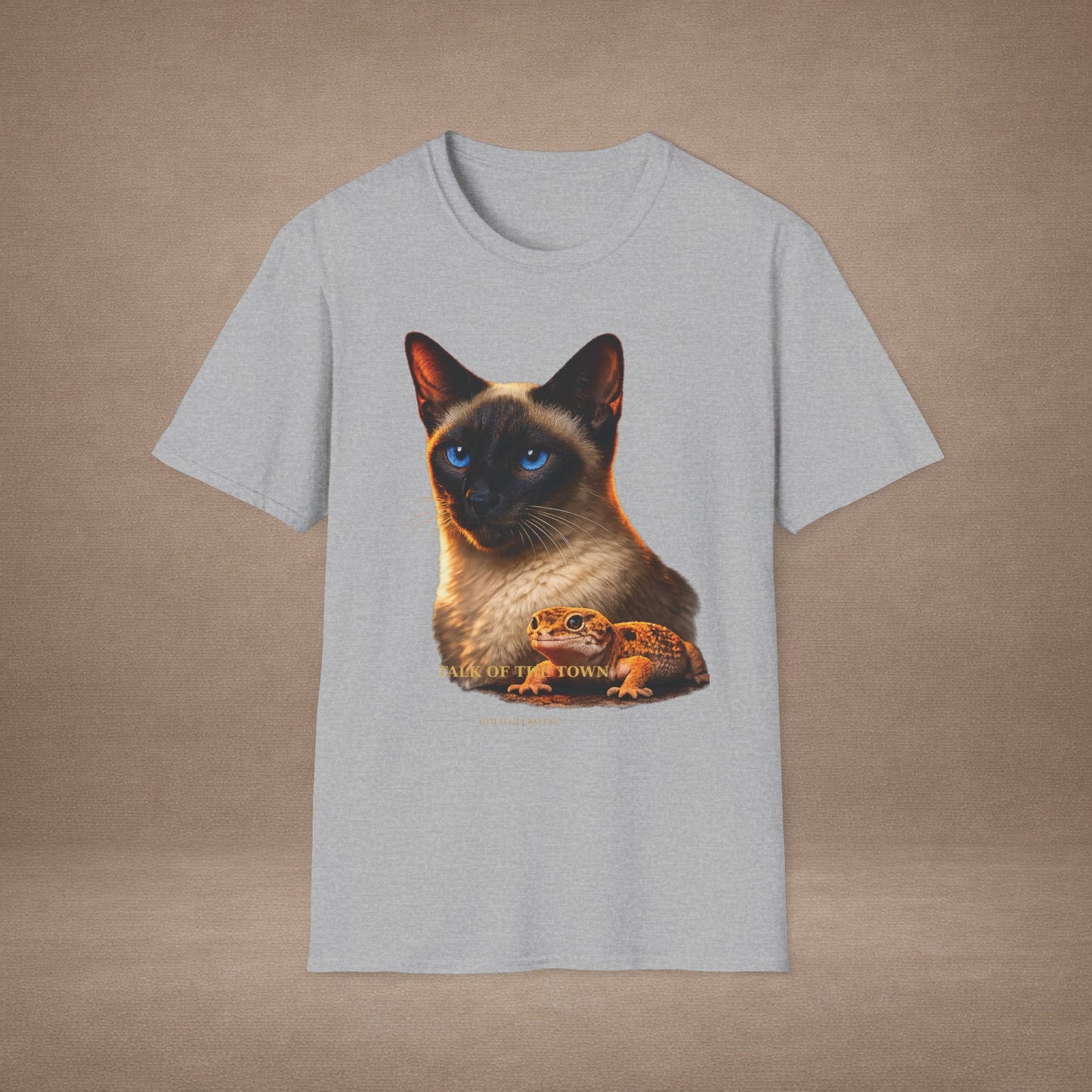 Siamese — Talk Of The Town — photoreal cat breed portraits paired with tiny gecko compani. Gold Gecko Co. Cats & Geckos collection.