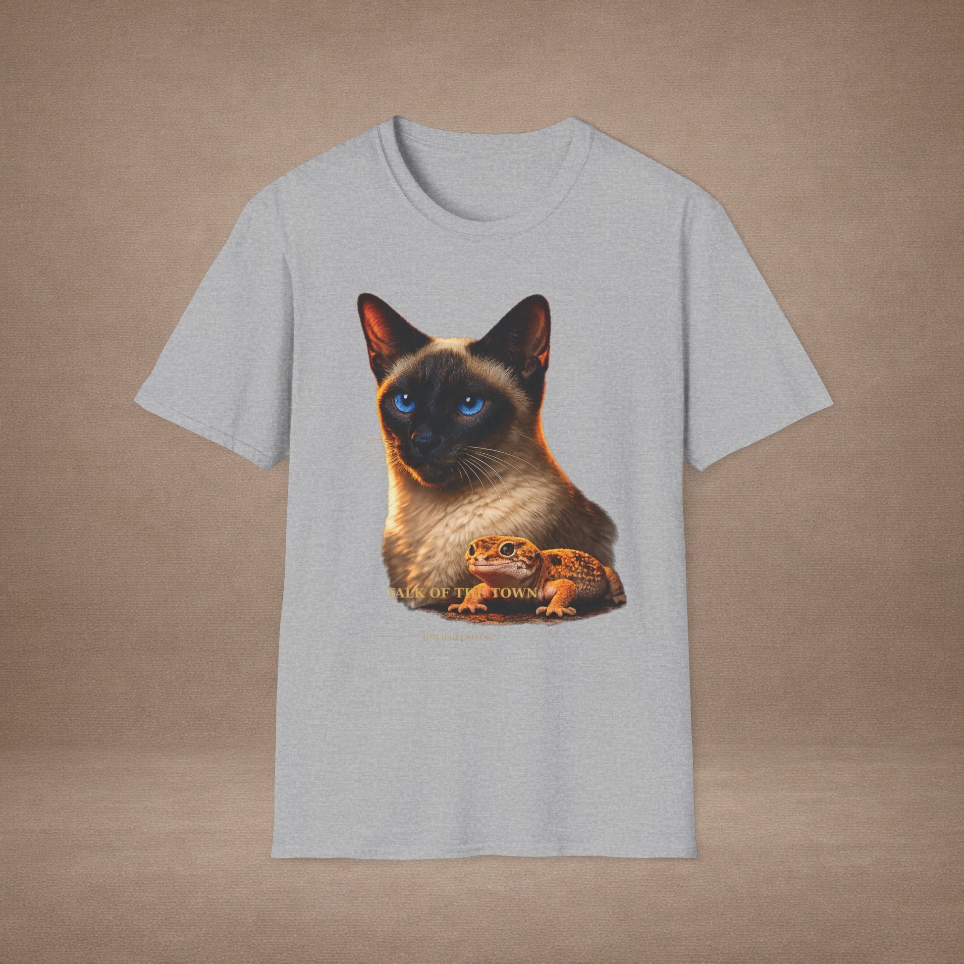 Siamese — Talk Of The Town — photoreal cat breed portraits paired with tiny gecko compani. Gold Gecko Co. Cats & Geckos collection.
