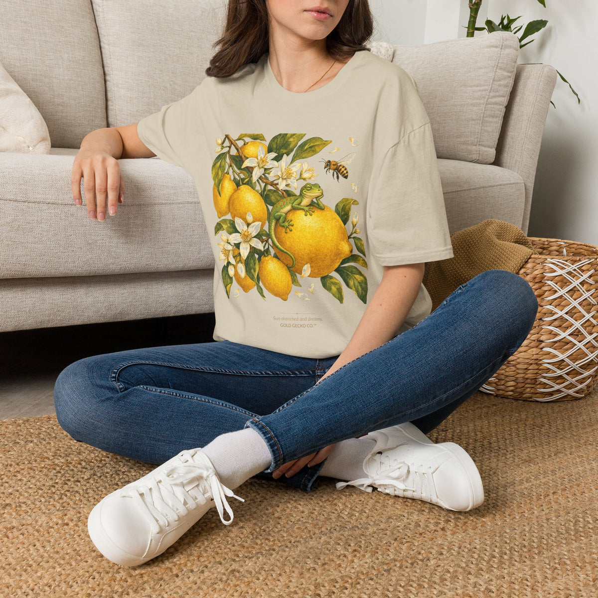 Citrus Grove Gecko cottagecore watercolor T-shirt from Gold Gecko Co. — gecko in a sunlit Mediterranean citrus grove of lemons and oranges.