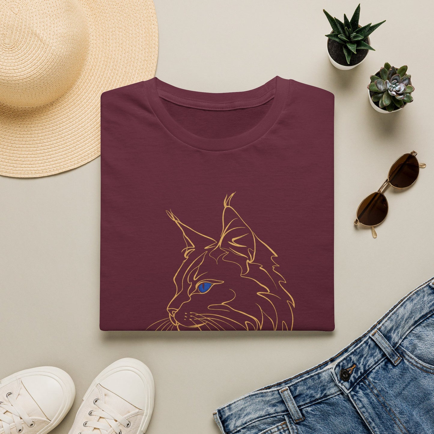 Sapphire Maine Coon single-line art with sapphire blue gem eye — Gold Gecko Co. Line & Gold collection (Dark)