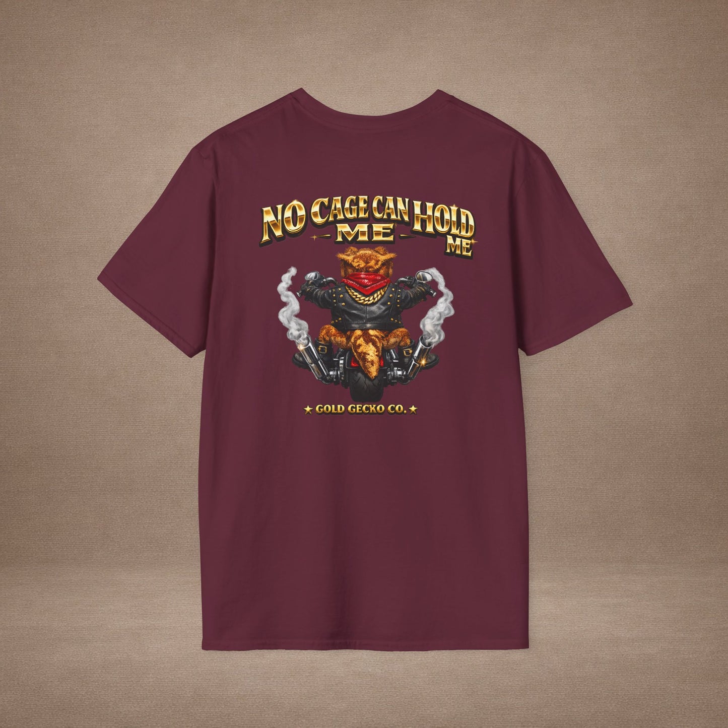 DESIGN #37 No Cage Can Hold Me — Chopper Gecko Tee (Front & Back) Gold Lettering