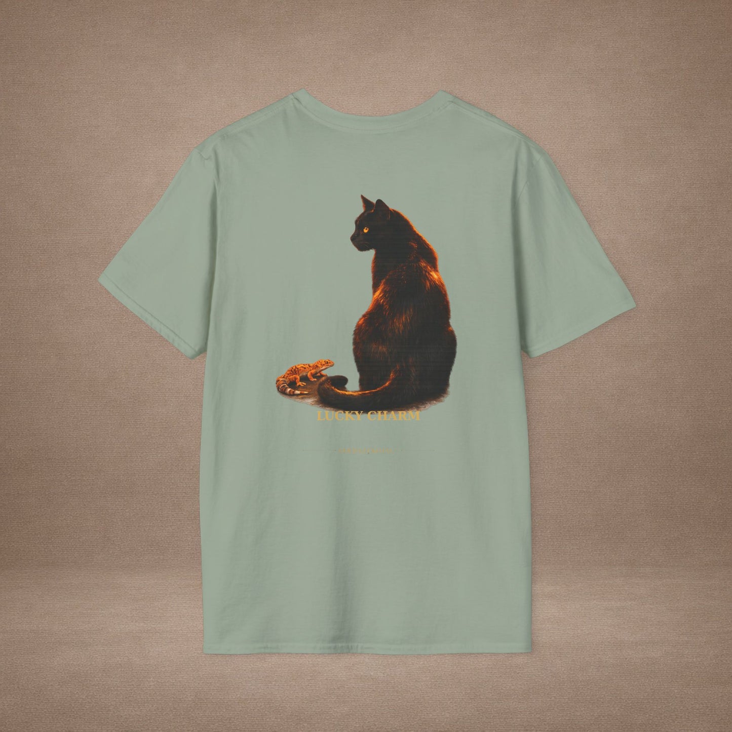 Black Cat — Lucky Charm — photoreal cat breed portraits paired with tiny gecko compani. Gold Gecko Co. Cats & Geckos collection.