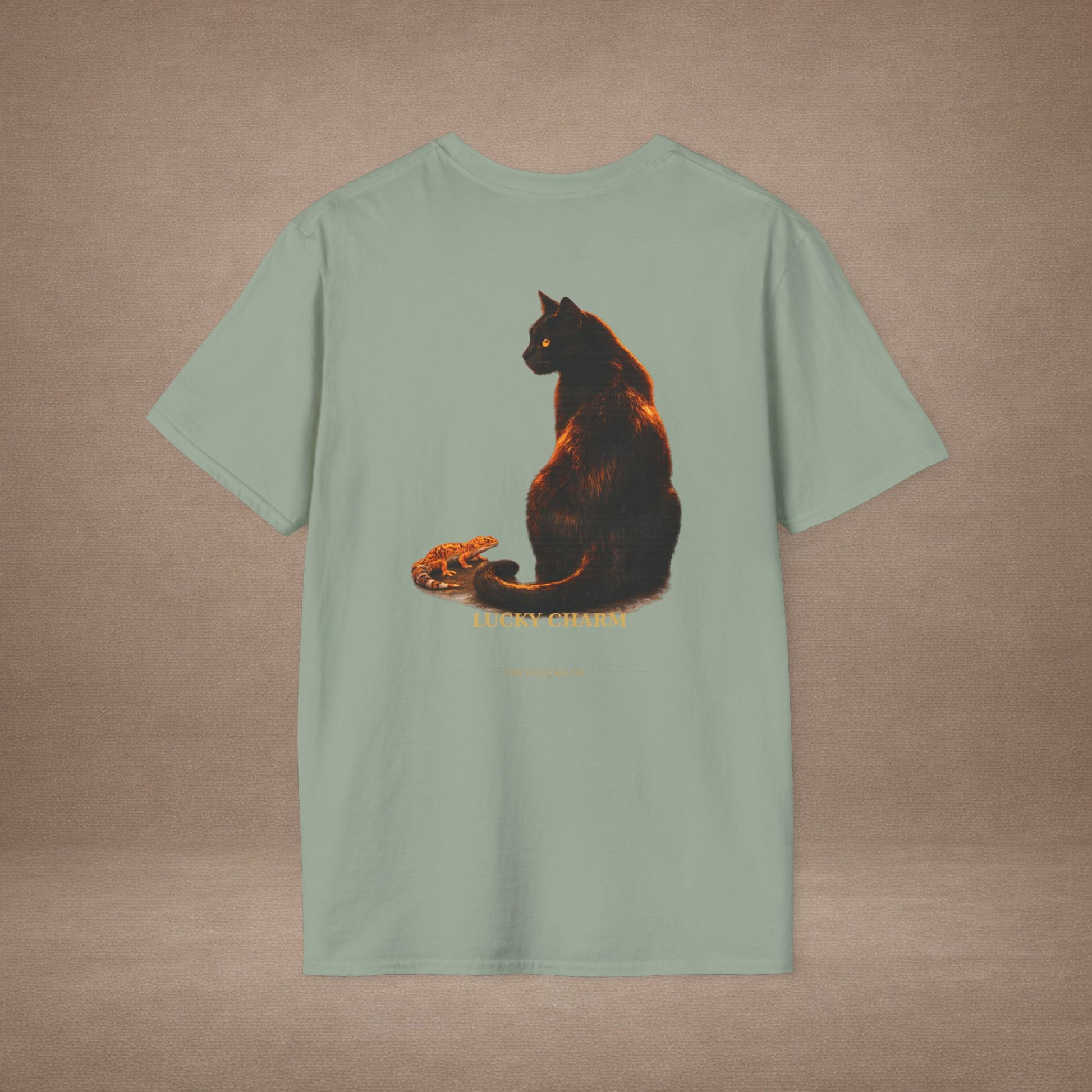 Black Cat — Lucky Charm — photoreal cat breed portraits paired with tiny gecko compani. Gold Gecko Co. Cats & Geckos collection.