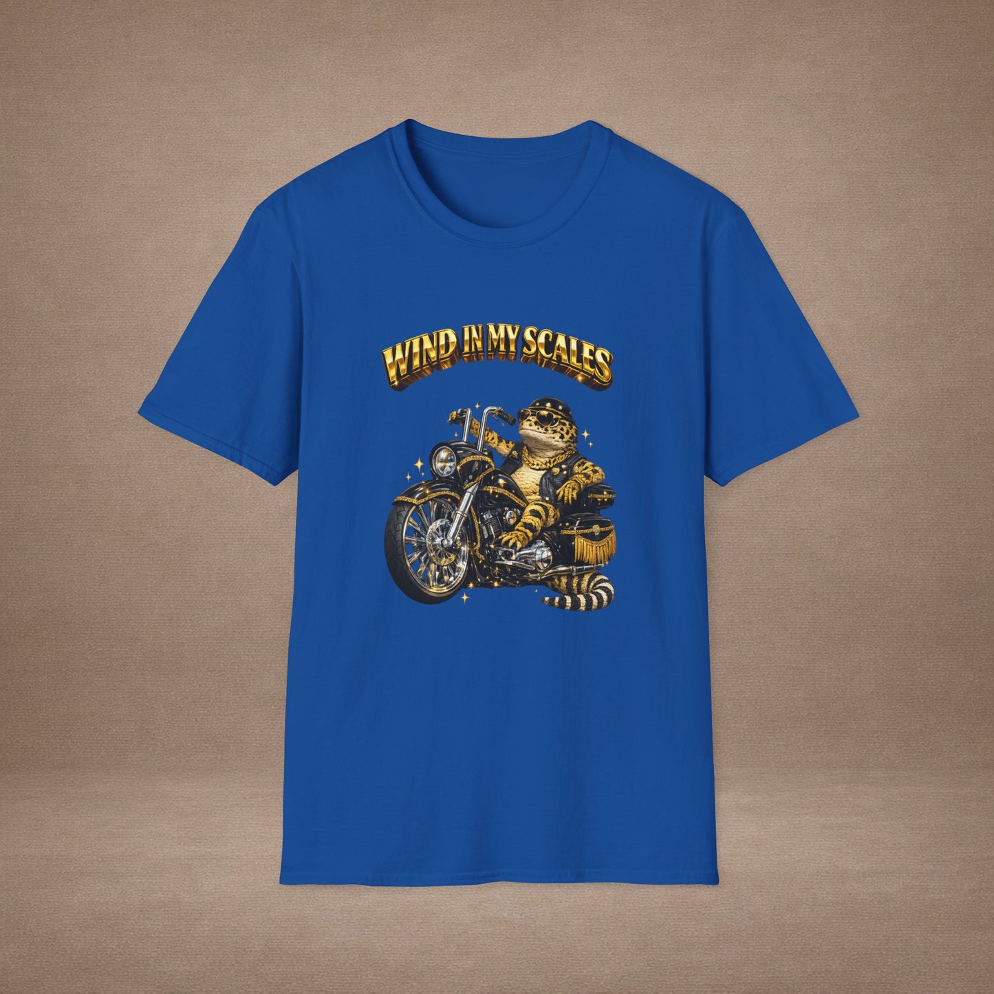 DESIGN #38 Wind in My Scales — Bagger Gecko Tee (Front & Back) Golden Letters