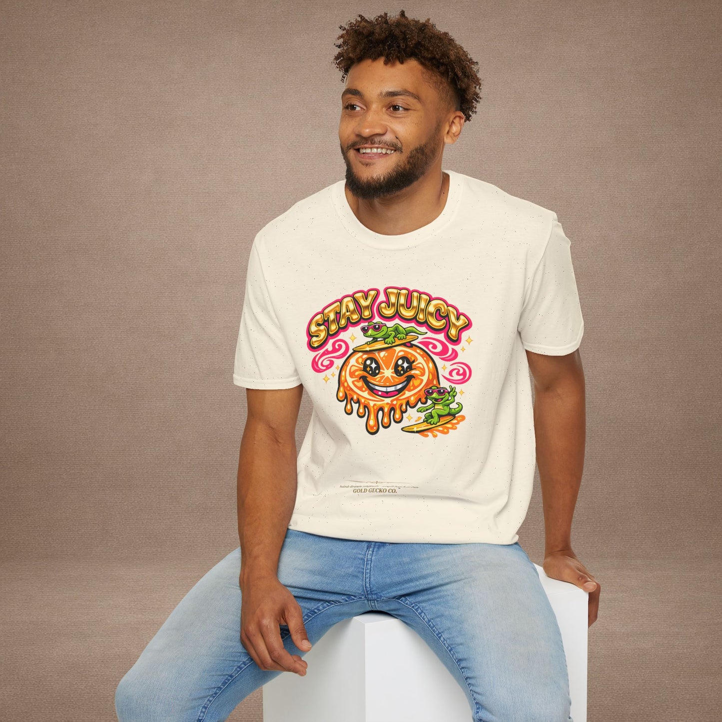 Stay Juicy retro chrome orange & gecko graphic t-shirt — Gold Gecko Co.