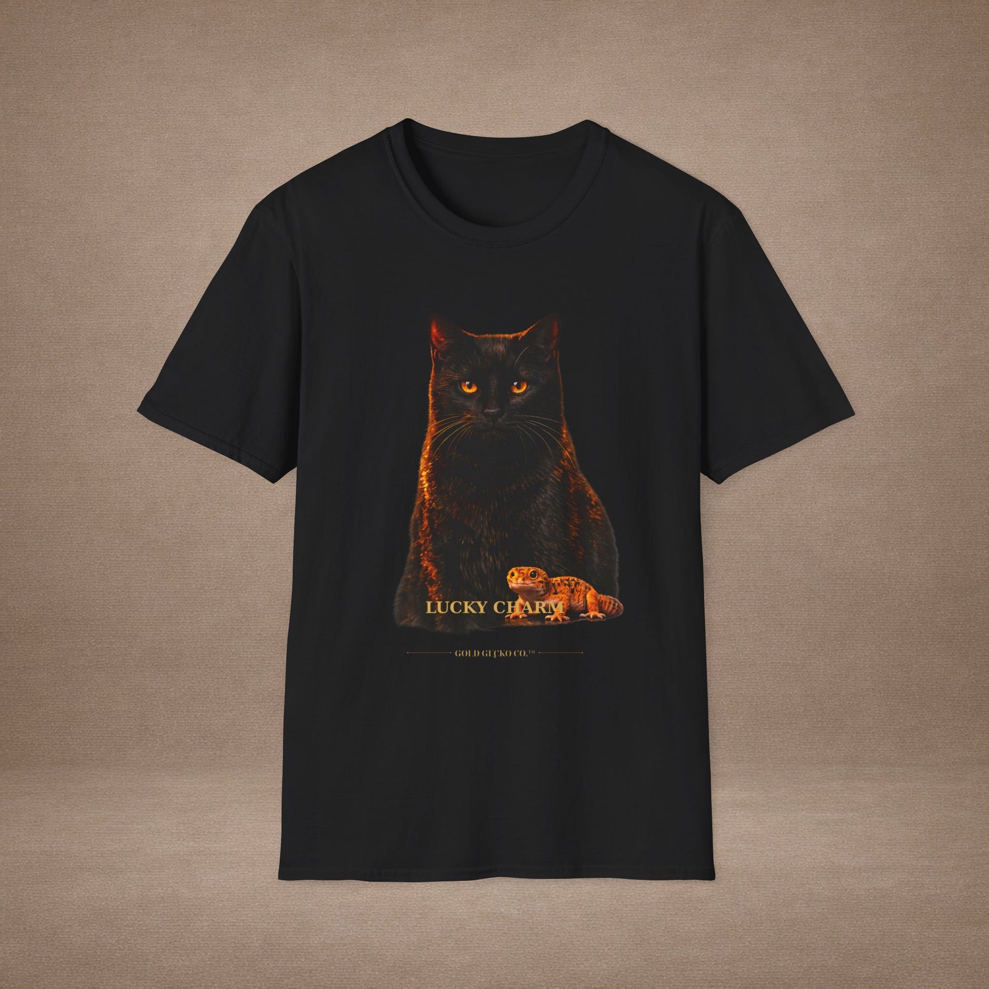 Black Cat — Lucky Charm — photoreal cat breed portraits paired with tiny gecko compani. Gold Gecko Co. Cats & Geckos collection.