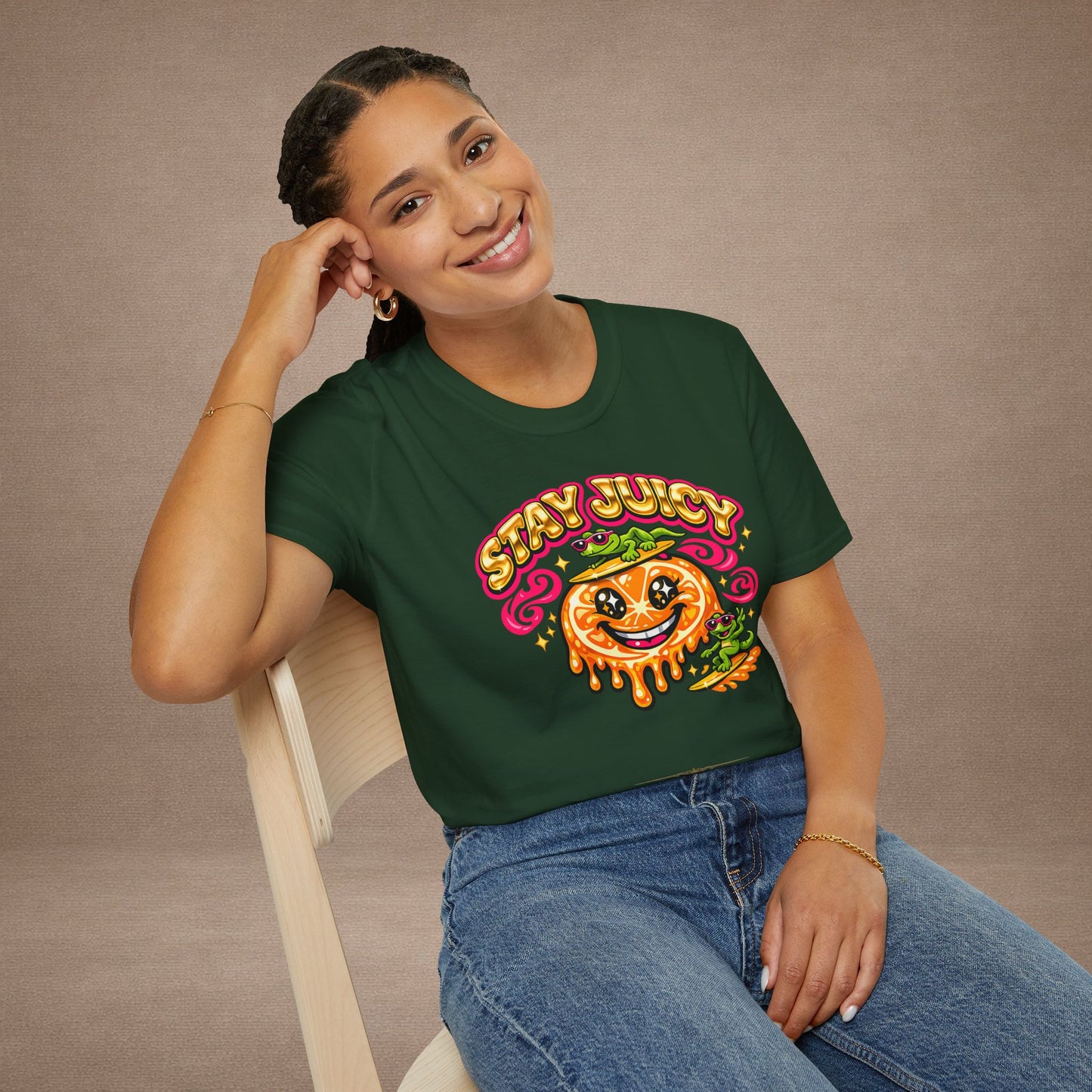 Stay Juicy retro chrome orange & gecko graphic t-shirt — Gold Gecko Co.