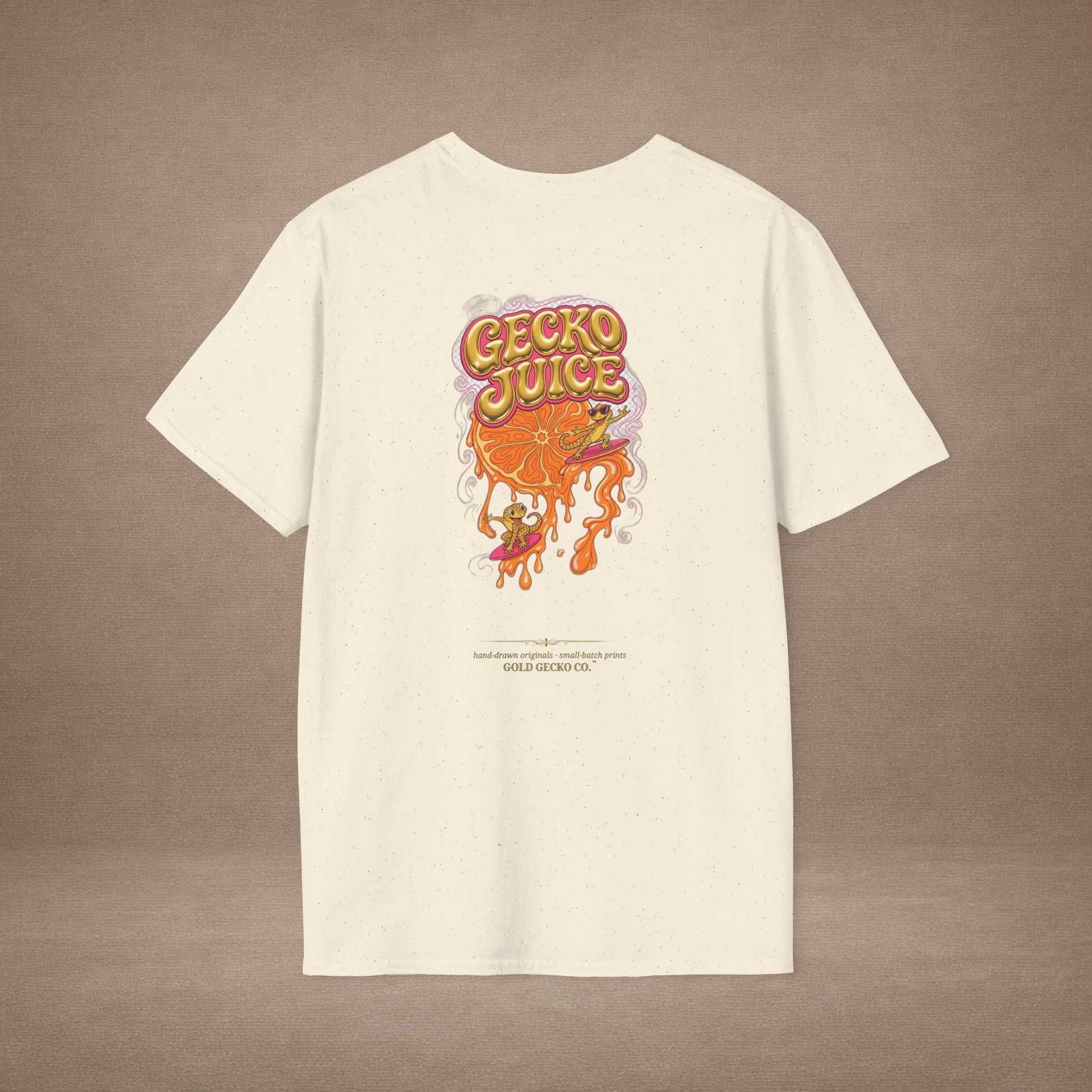 Stay Juicy retro chrome orange & gecko graphic t-shirt — Gold Gecko Co.