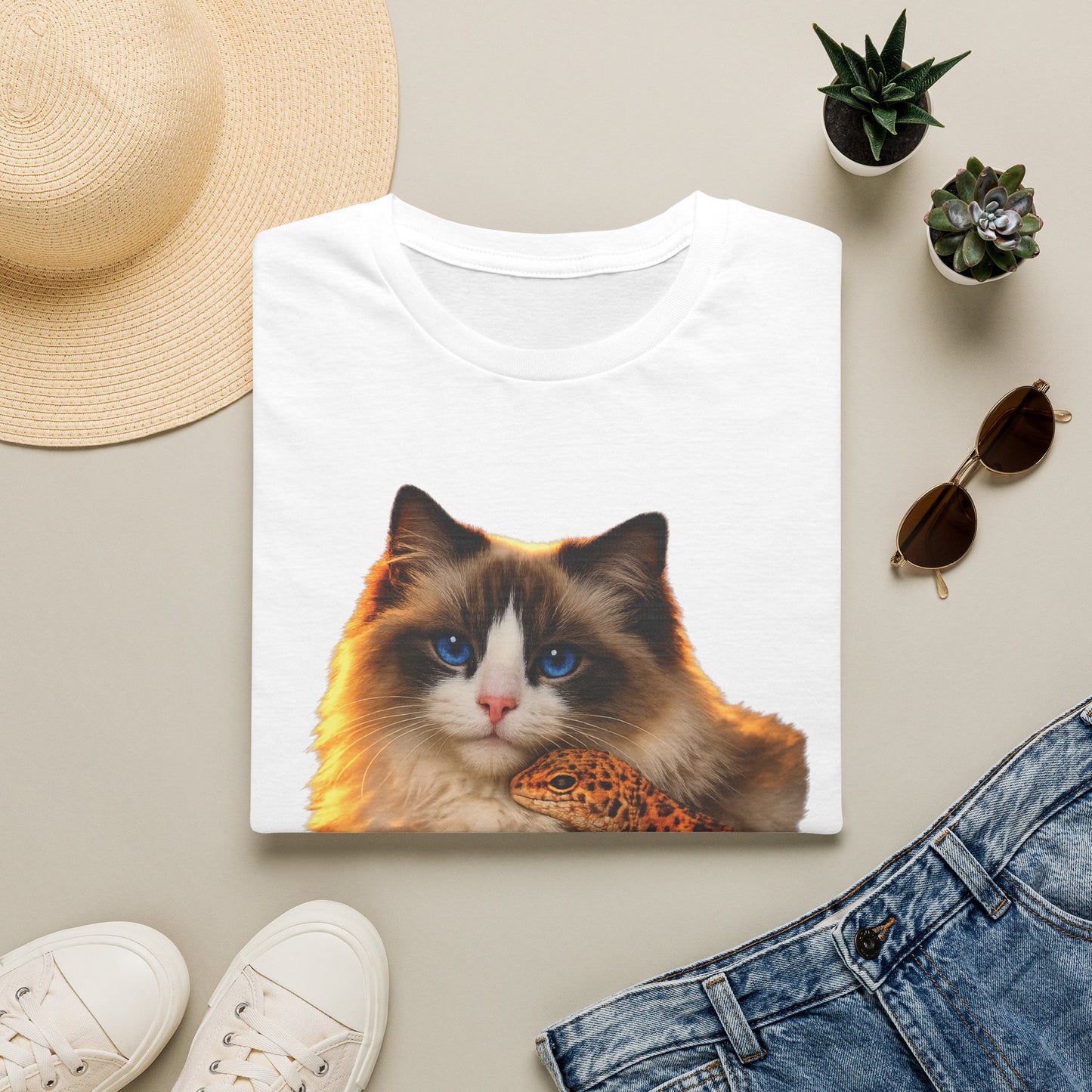 Ragdoll — Lap Of Luxury — photoreal cat breed portraits paired with tiny gecko compani. Gold Gecko Co. Cats & Geckos collection.