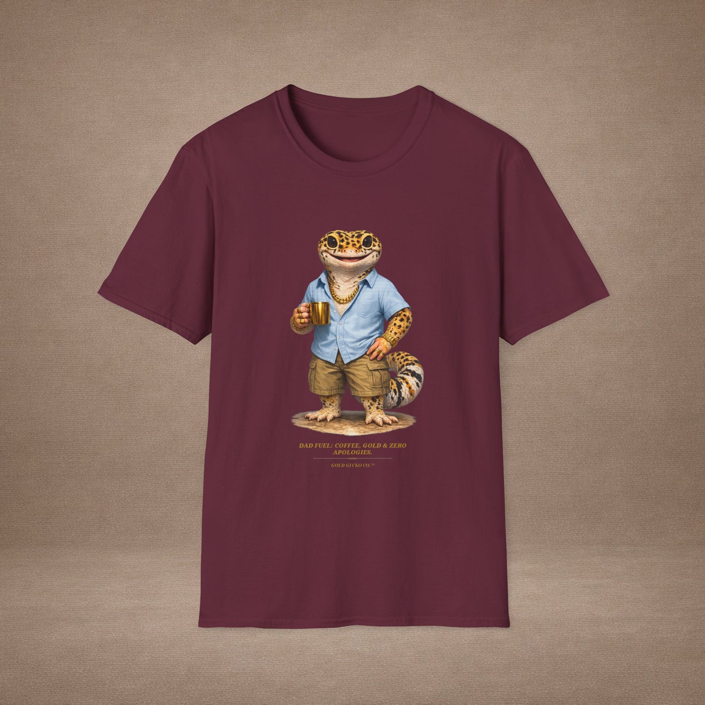 Design #03-2-2 - Coffee Dad (Leopard - Powder Blue Shirt, Gold Mug, Grass)