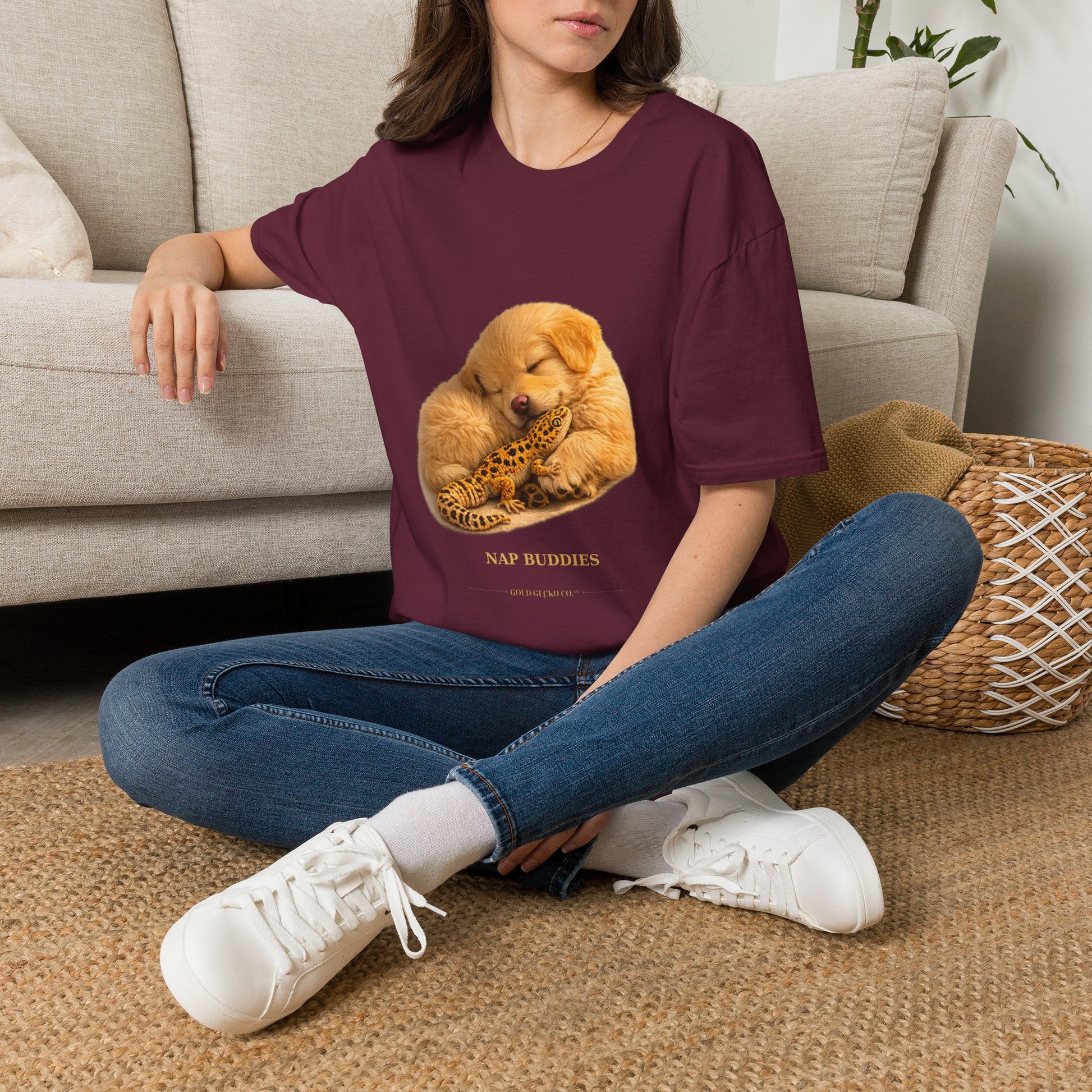 Golden Retriever — Nap Buddies — cinematic photoreal portraits of beloved dog breeds paired w. Gold Gecko Co. Puppies & Geckos collection.