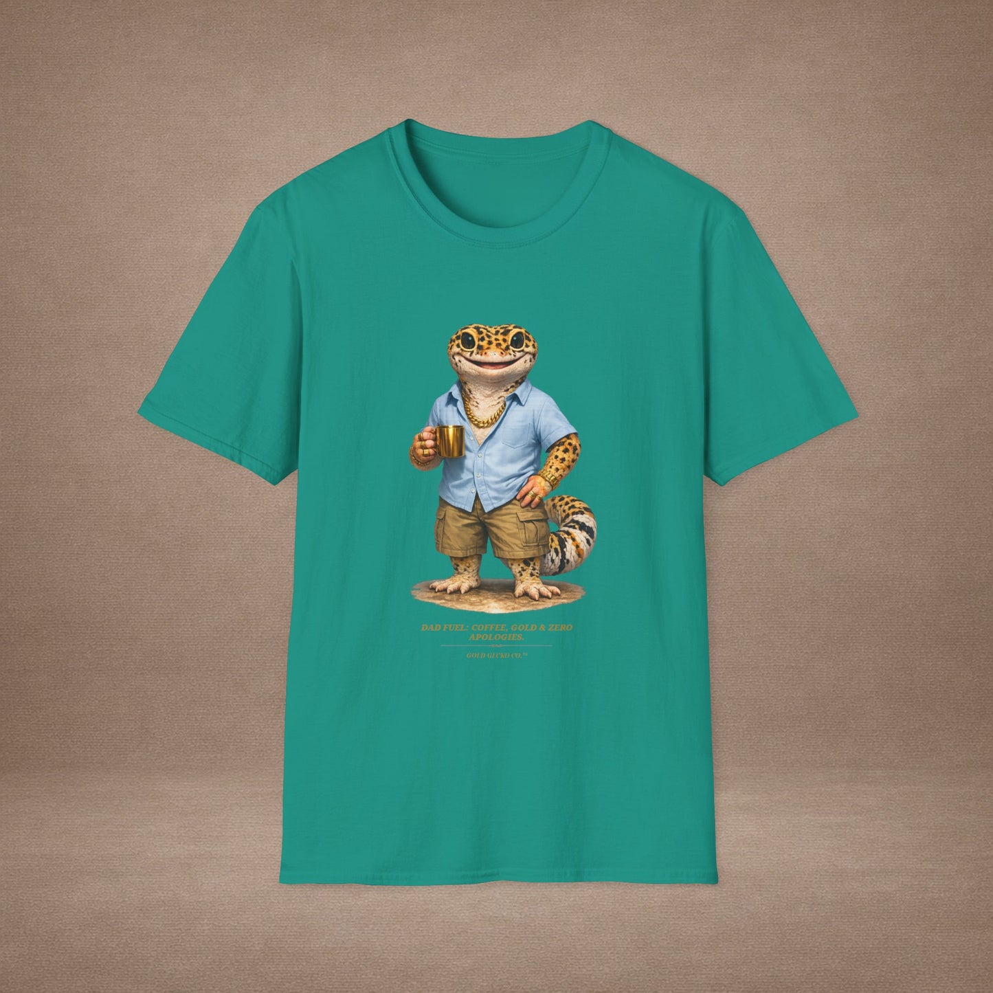 Design #03-2-2 - Coffee Dad (Leopard - Powder Blue Shirt, Gold Mug, Grass)