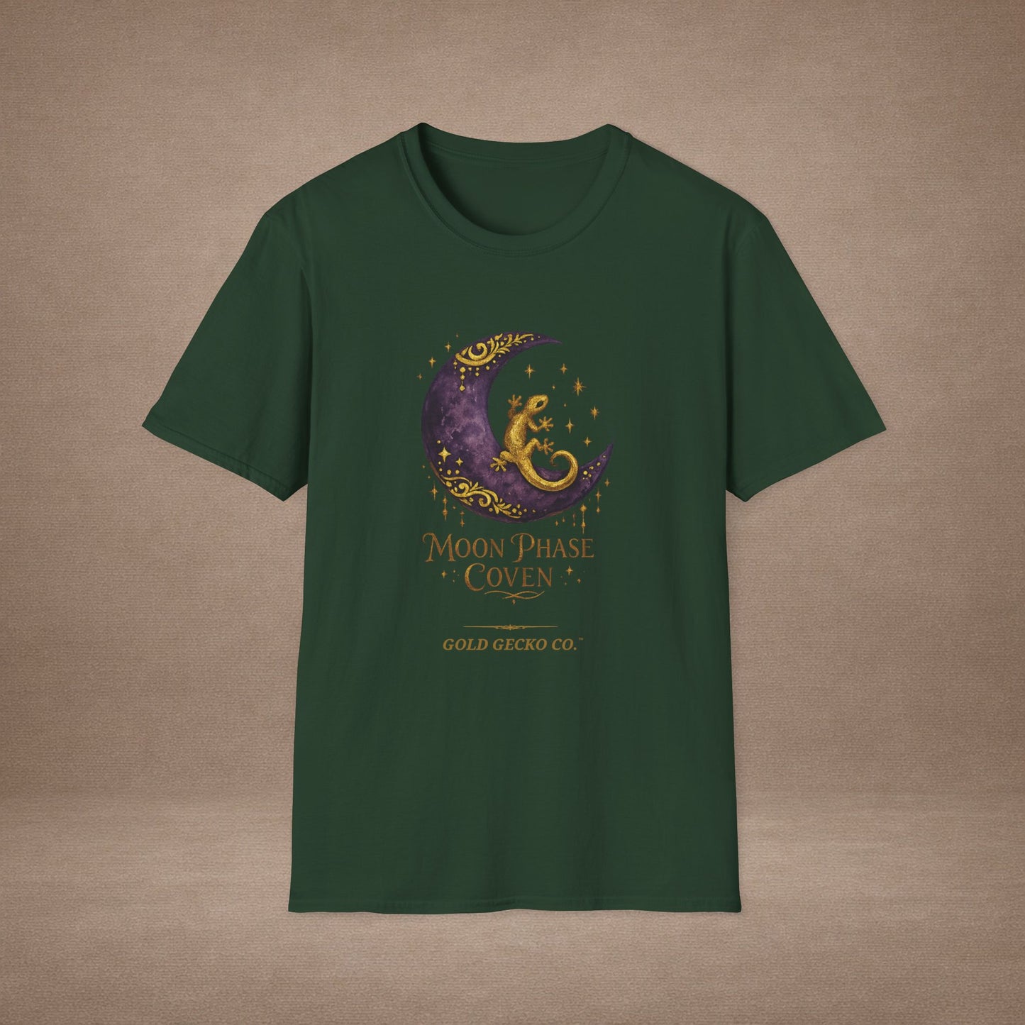 Moon Phase Coven gecko t-shirt with Coven Banner back — Gold Gecko Co. Moon & Mystic collection