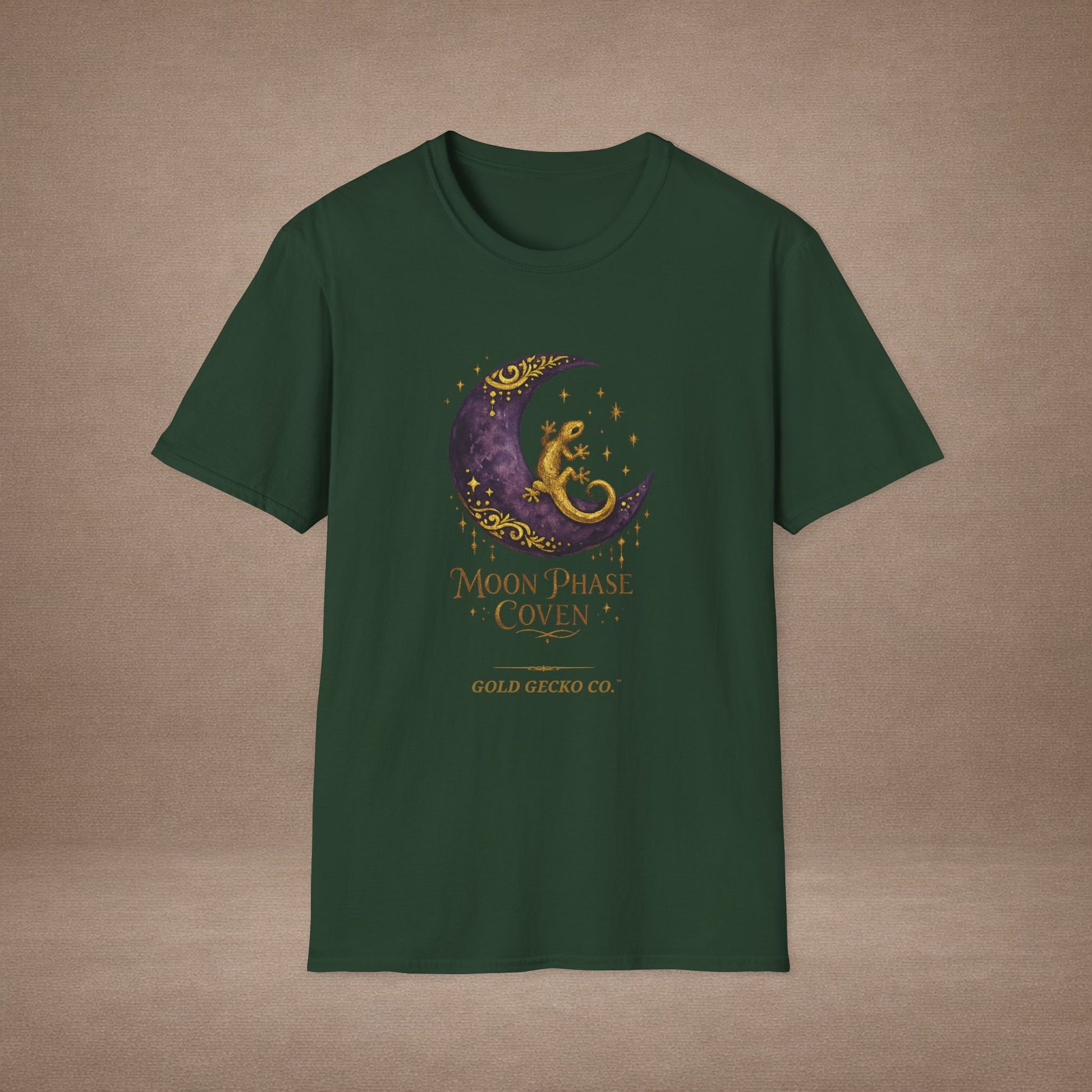 Moon Phase Coven gecko t-shirt with Coven Banner back — Gold Gecko Co. Moon & Mystic collection
