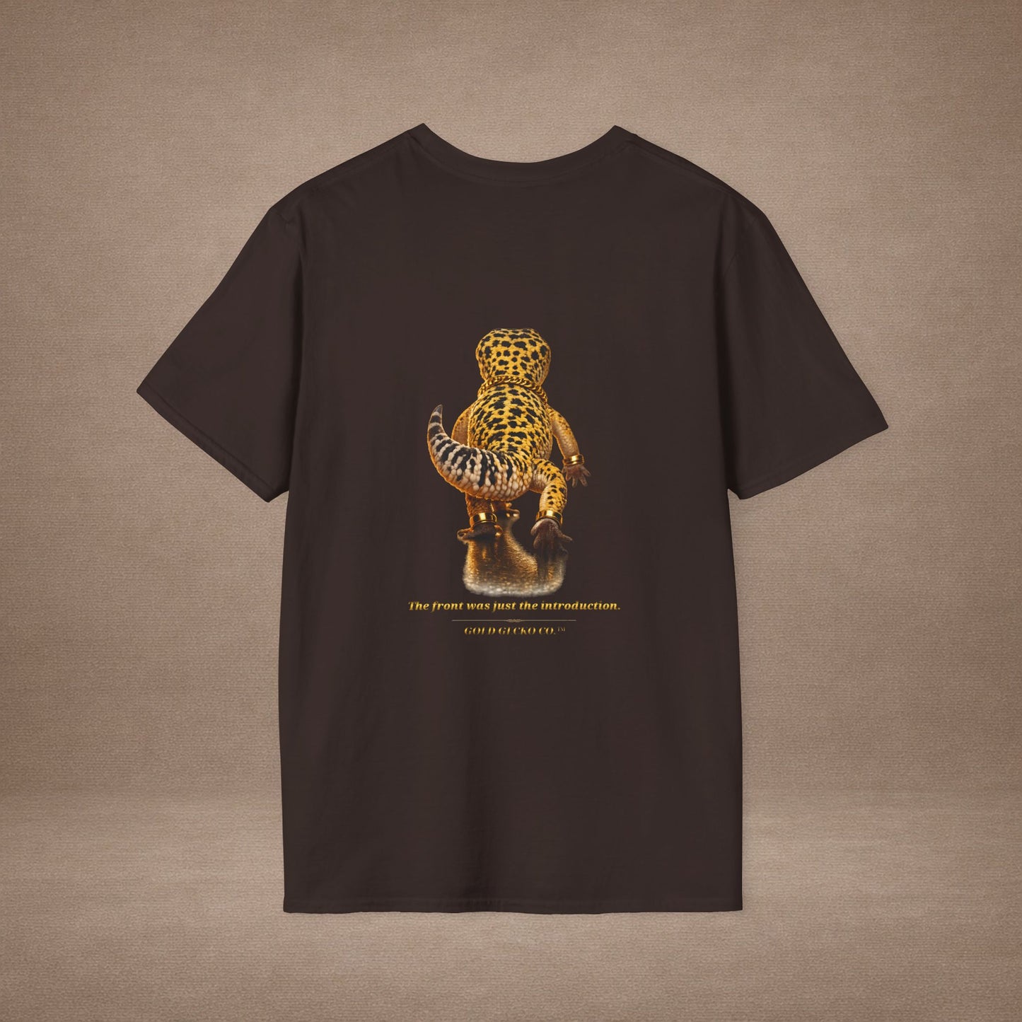 Design # 001  Gold Gecko Co. tm - Signature Logo Tee — Emblem Graphic T-Shirt (Front @ Back)