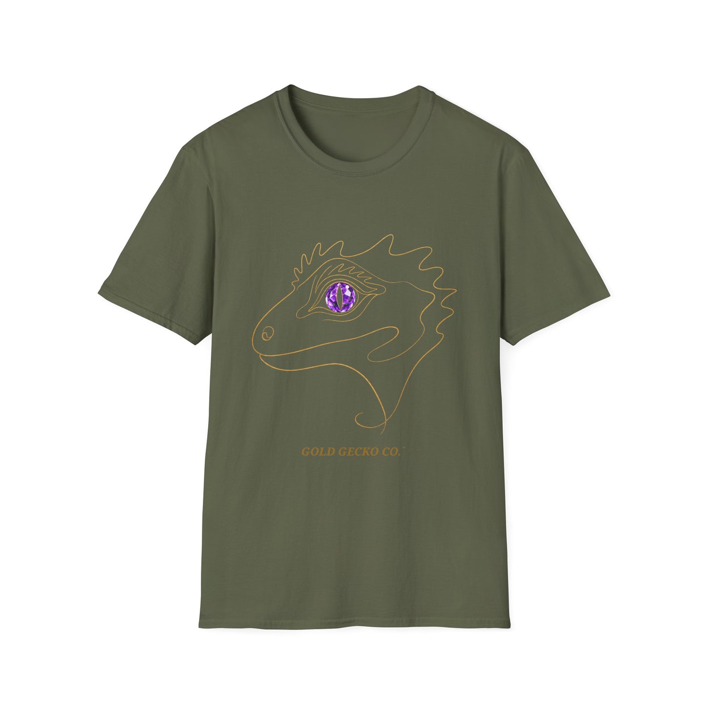 Amethyst Crested Gecko single-line art with amethyst purple gem eye — Gold Gecko Co. Line & Gold collection (Dark)