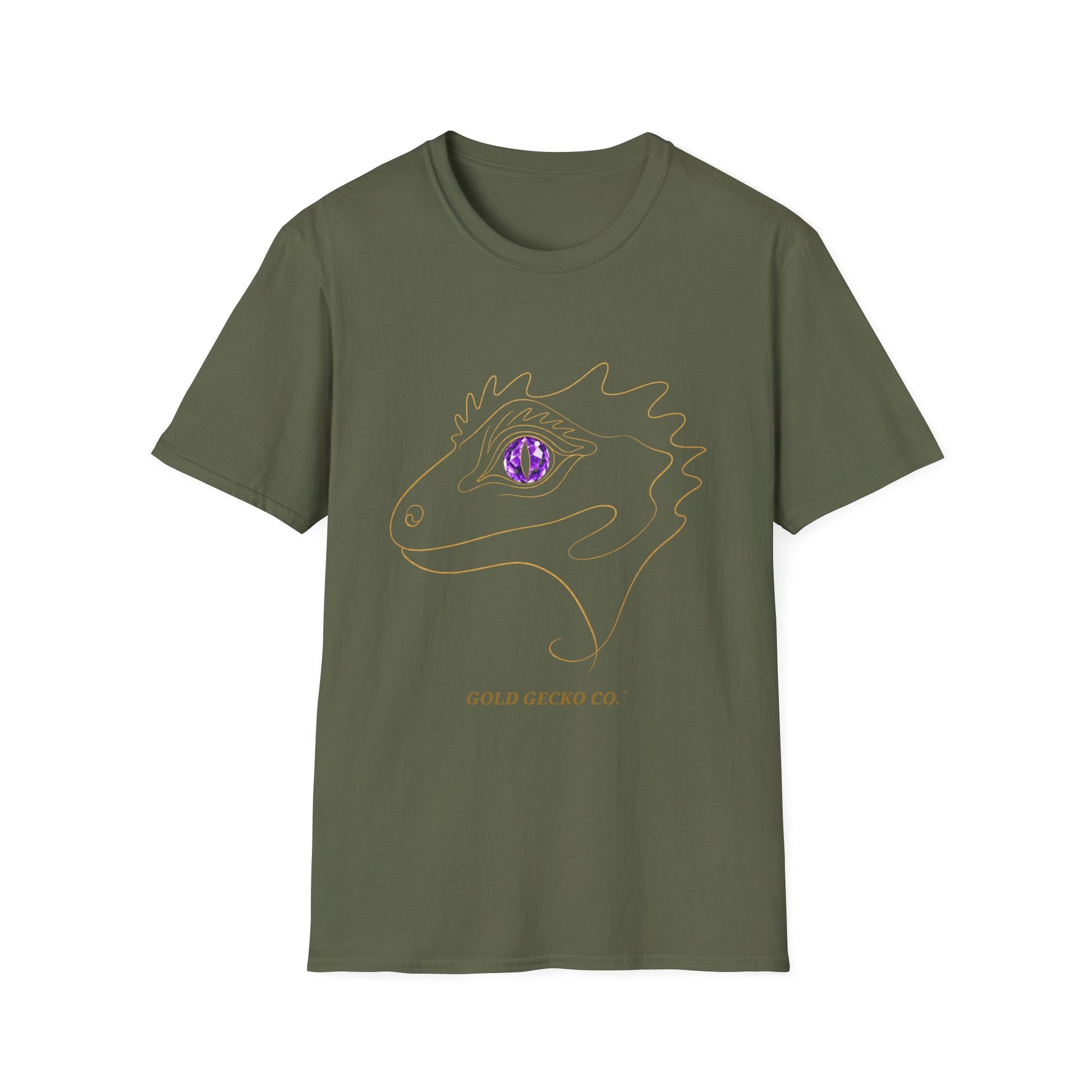 Amethyst Crested Gecko single-line art with amethyst purple gem eye — Gold Gecko Co. Line & Gold collection (Dark)