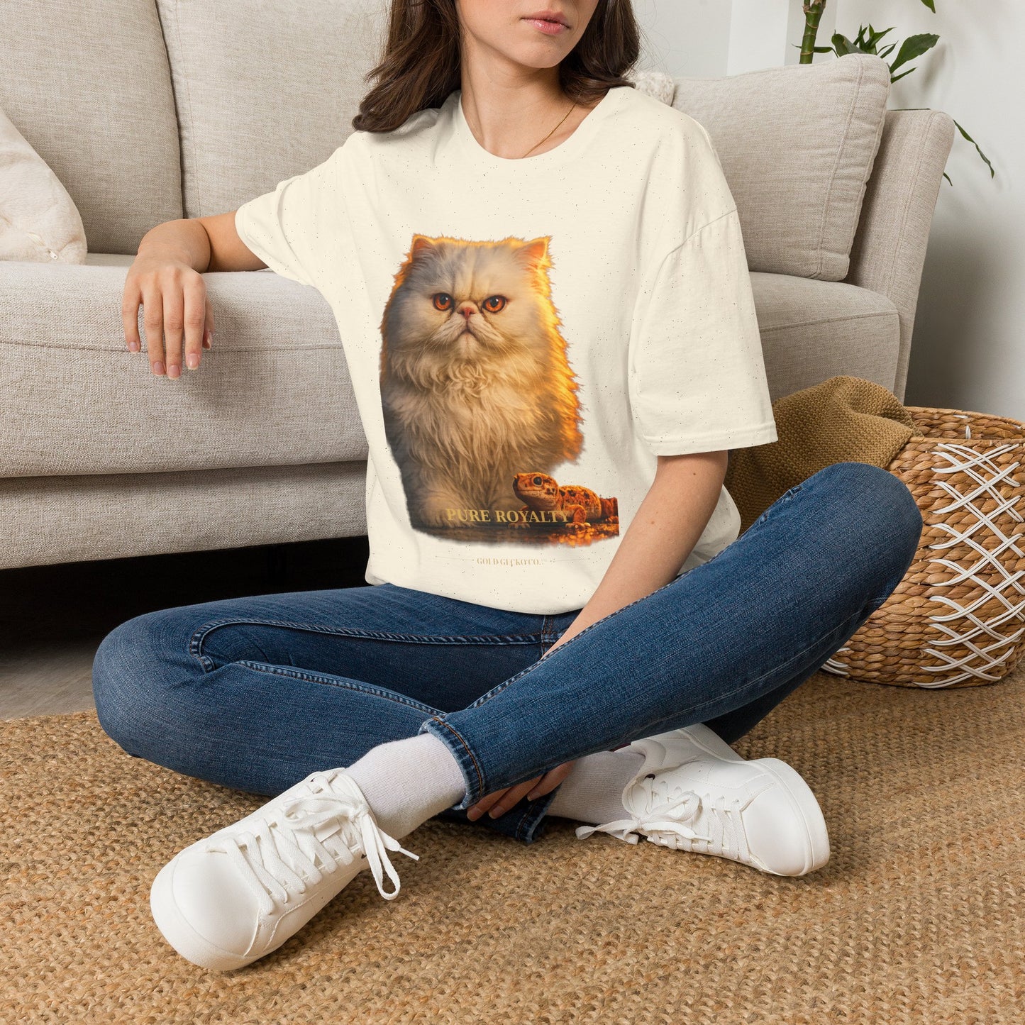Persian — Pure Royalty — photoreal cat breed portraits paired with tiny gecko compani. Gold Gecko Co. Cats & Geckos collection.