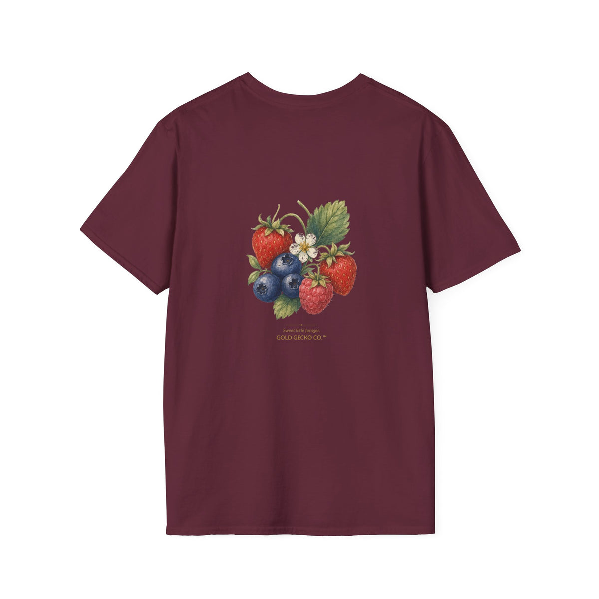 Berry Basket Buddy cottagecore watercolor T-shirt from Gold Gecko Co. — gecko nestled in a woven basket of wild strawberries and blueberries.