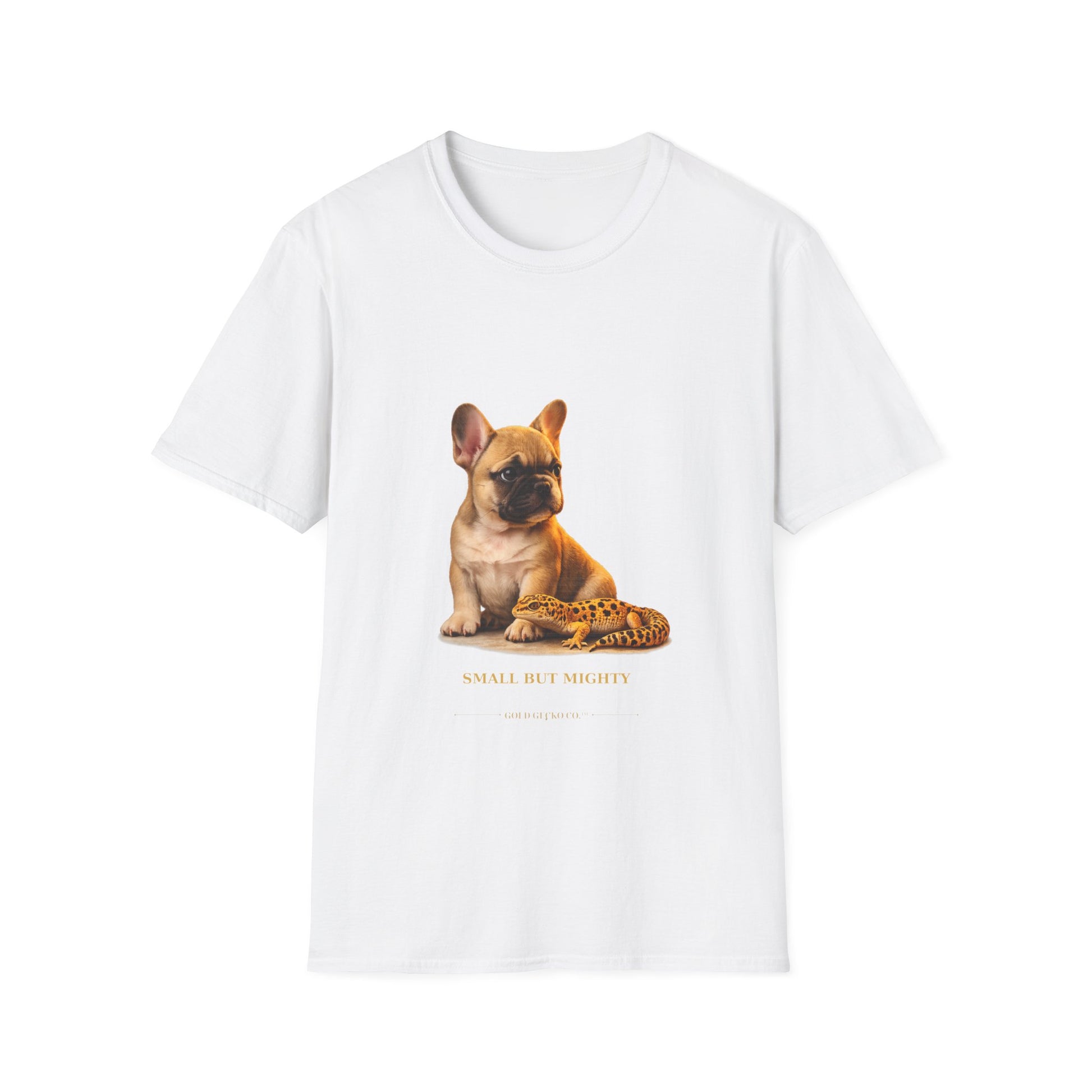 French Bulldog — Small But Mighty — cinematic photoreal portraits of beloved dog breeds paired w. Gold Gecko Co. Puppies & Geckos collection.