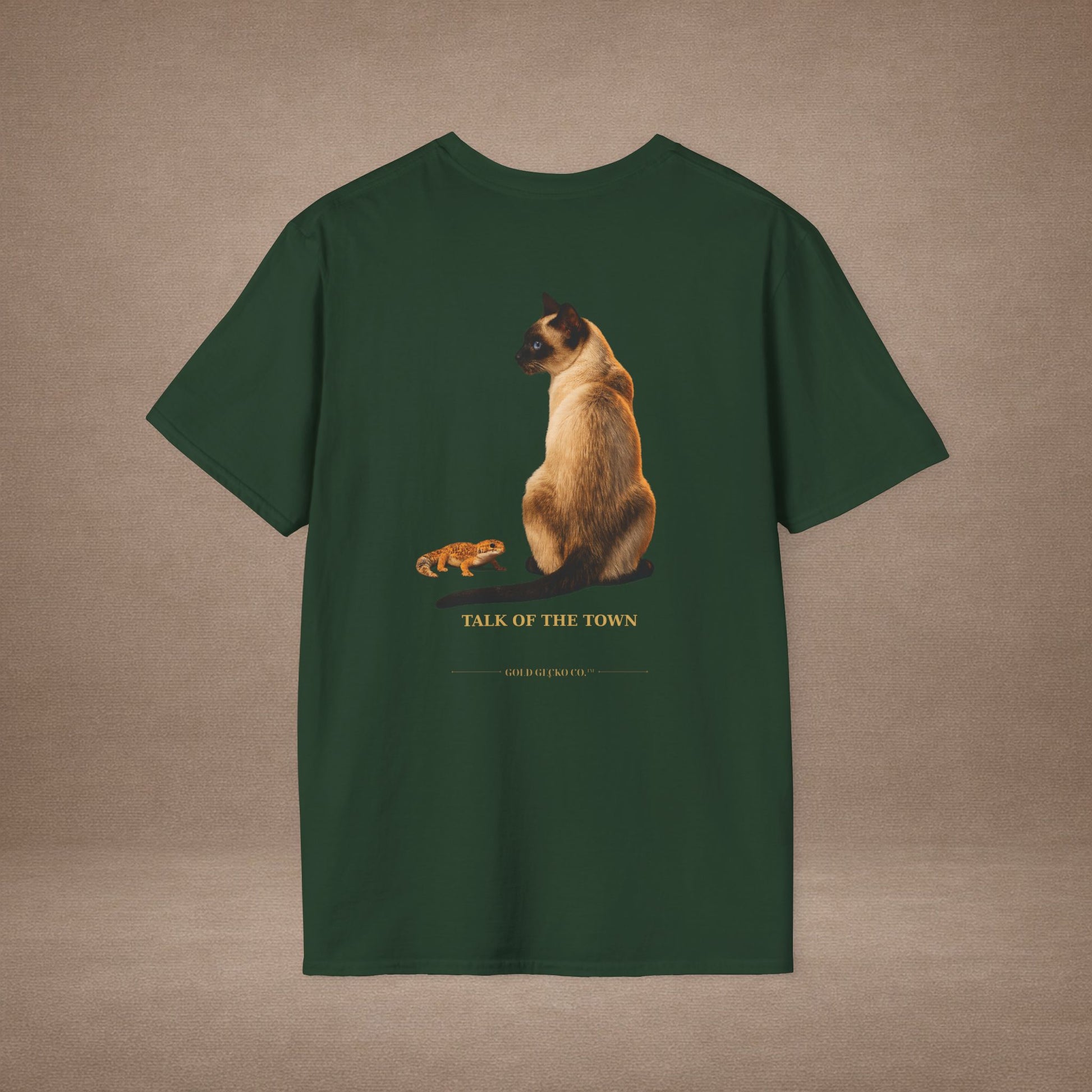 Siamese — Talk Of The Town — photoreal cat breed portraits paired with tiny gecko compani. Gold Gecko Co. Cats & Geckos collection.