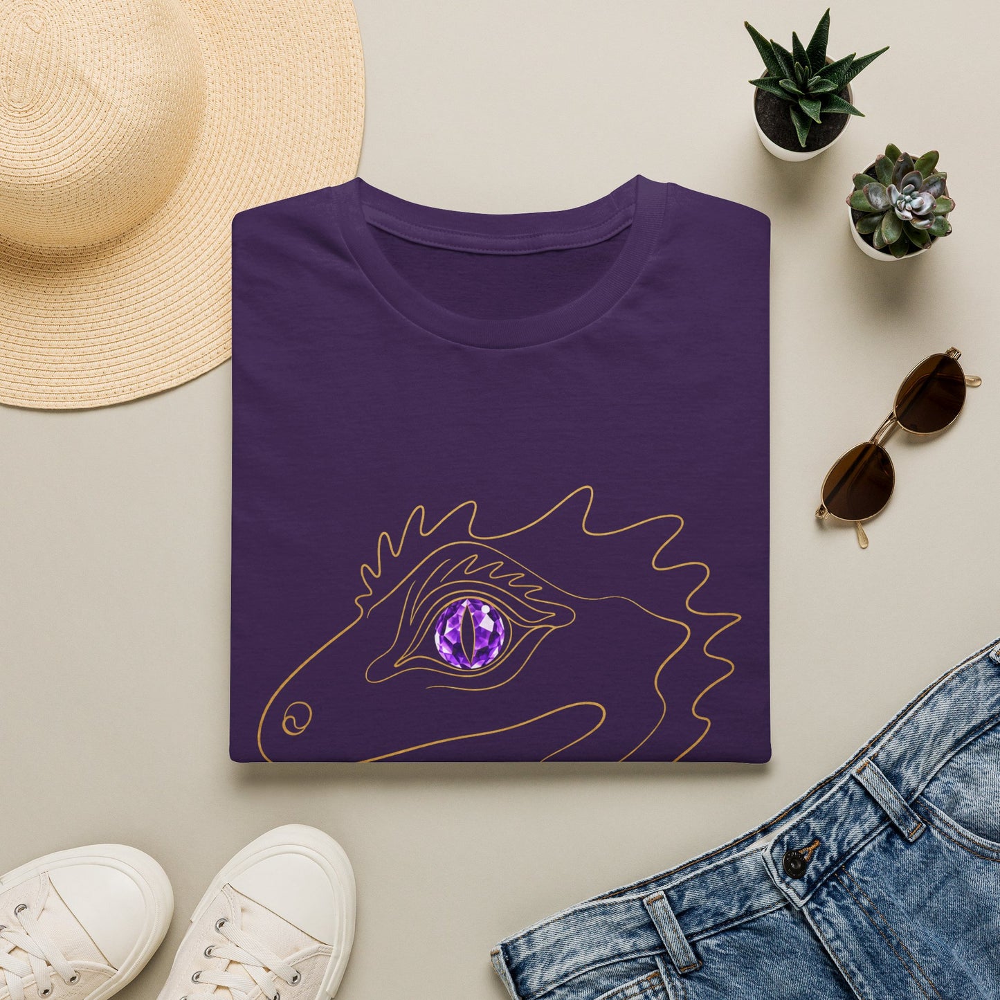 Amethyst Crested Gecko single-line art with amethyst purple gem eye — Gold Gecko Co. Line & Gold collection (Dark)