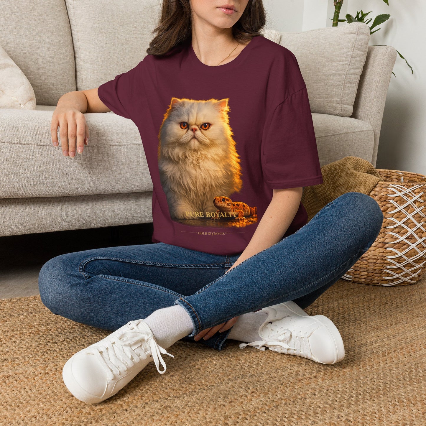 Persian — Pure Royalty — photoreal cat breed portraits paired with tiny gecko compani. Gold Gecko Co. Cats & Geckos collection.