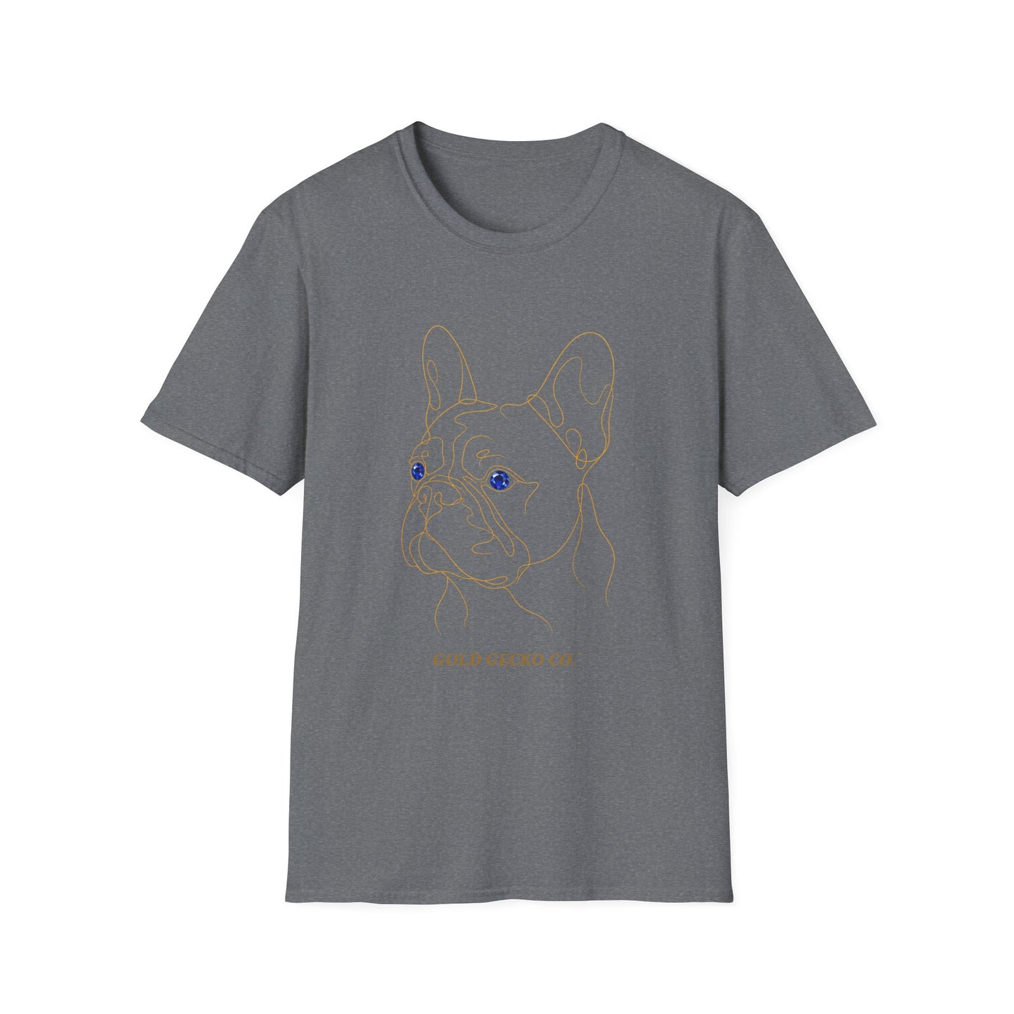 Sapphire French Bulldog single-line art with sapphire blue gem eye — Gold Gecko Co. Line & Gold collection (Dark)