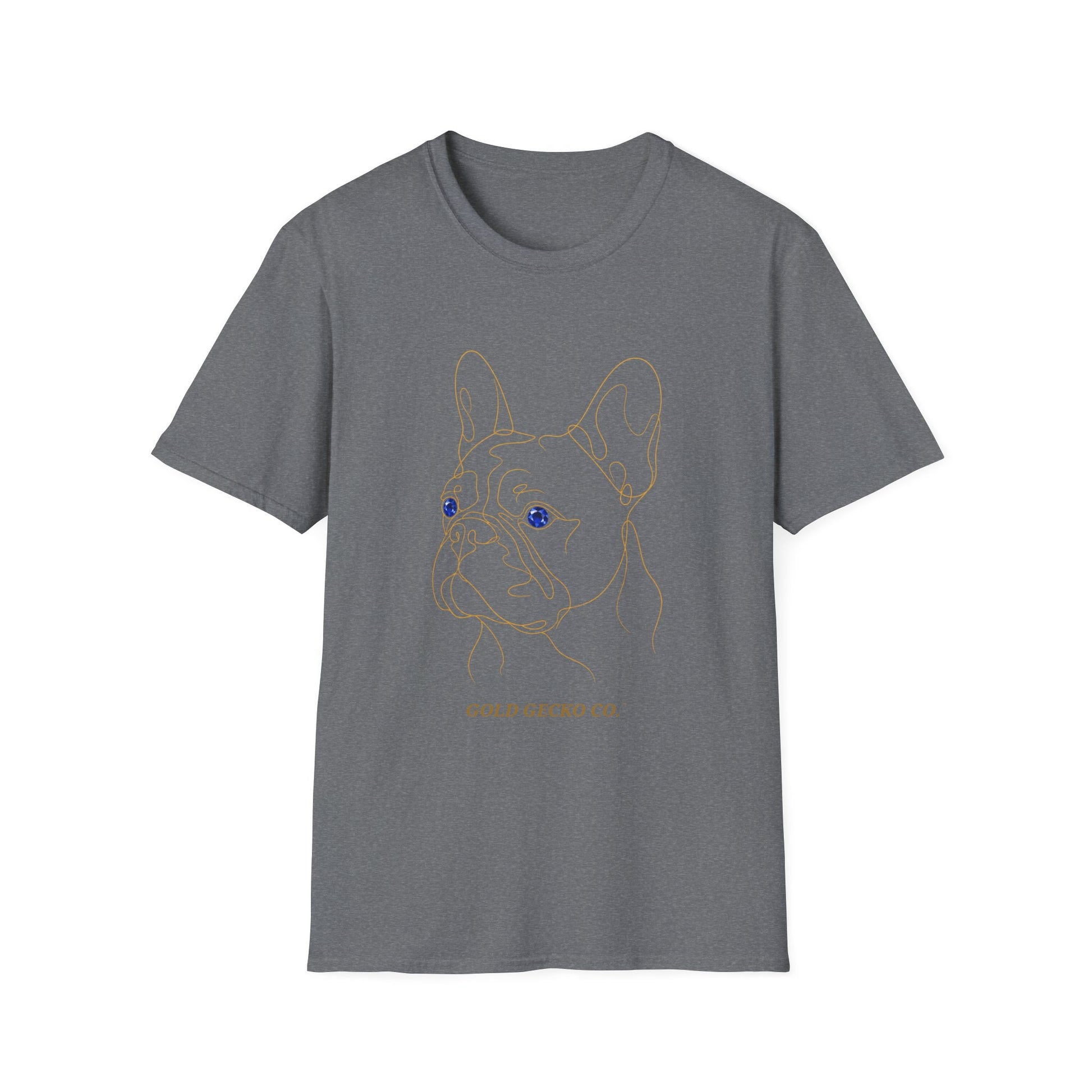 Sapphire French Bulldog single-line art with sapphire blue gem eye — Gold Gecko Co. Line & Gold collection (Dark)