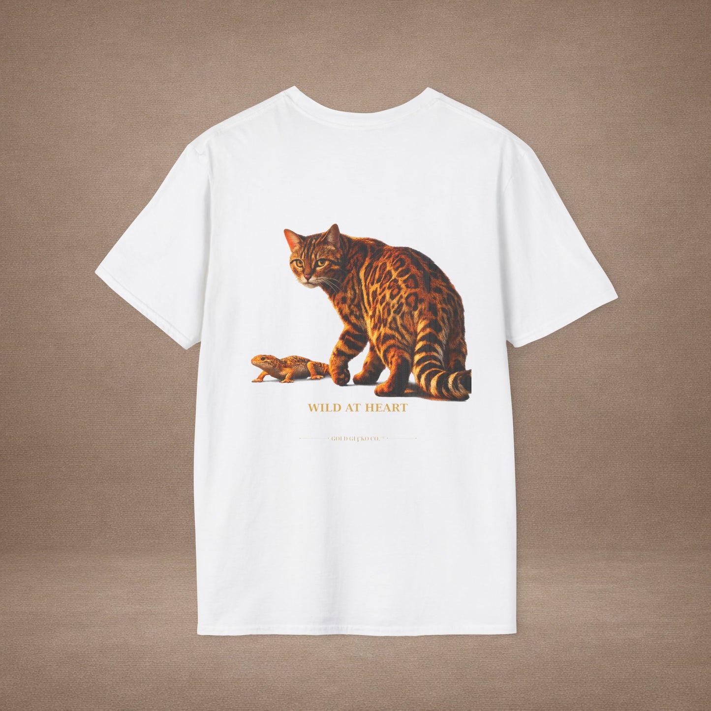 Bengal — Wild At Heart — photoreal cat breed portraits paired with tiny gecko compani. Gold Gecko Co. Cats & Geckos collection.