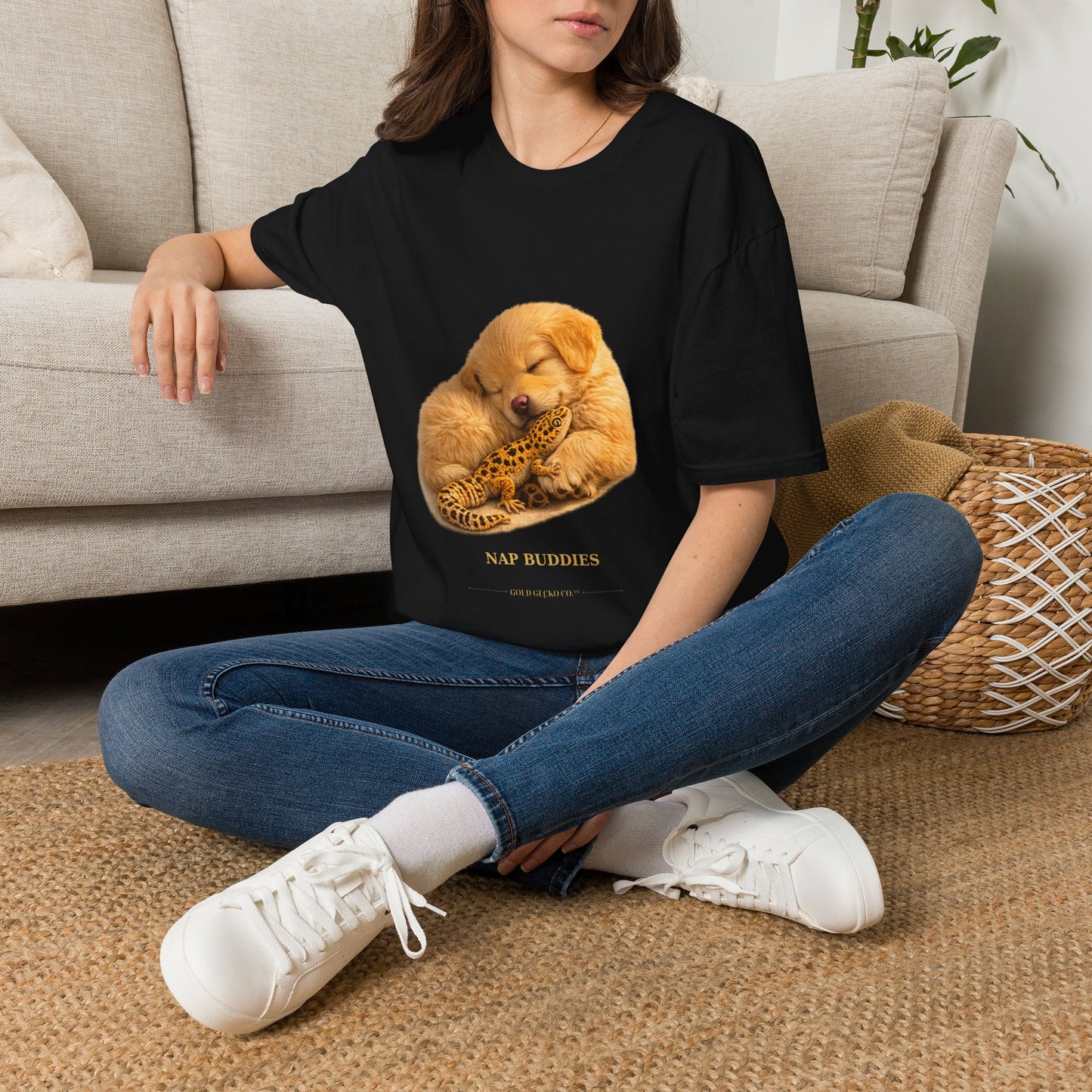 Golden Retriever — Nap Buddies — cinematic photoreal portraits of beloved dog breeds paired w. Gold Gecko Co. Puppies & Geckos collection.