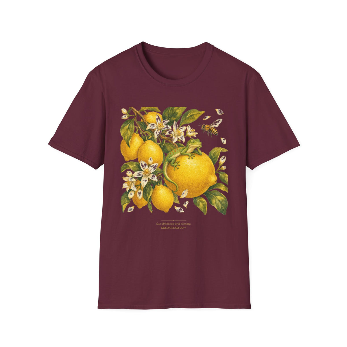 Citrus Grove Gecko cottagecore watercolor T-shirt from Gold Gecko Co. — gecko in a sunlit Mediterranean citrus grove of lemons and oranges.