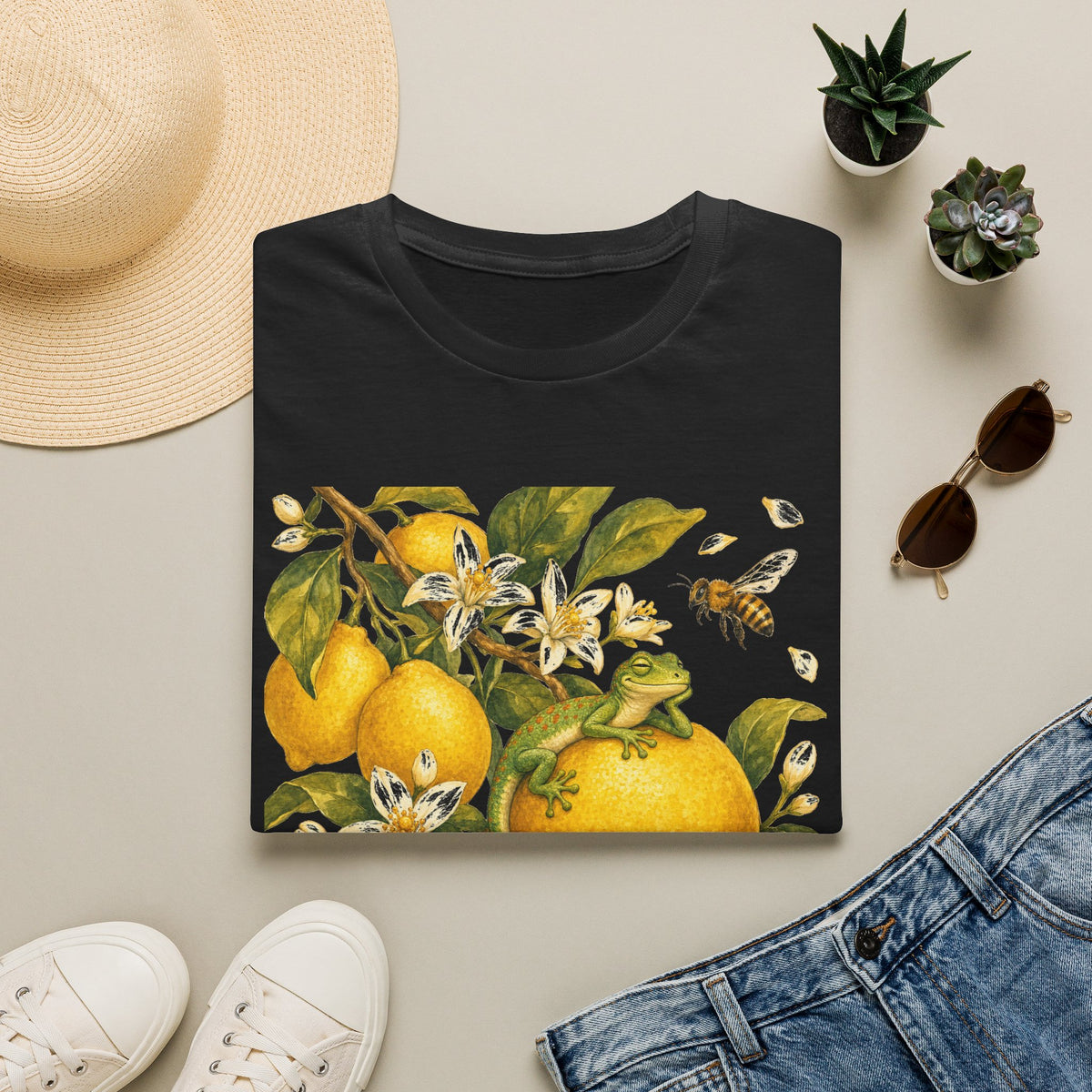 Citrus Grove Gecko cottagecore watercolor T-shirt from Gold Gecko Co. — gecko in a sunlit Mediterranean citrus grove of lemons and oranges.